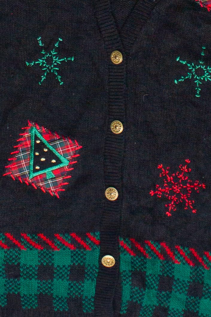 Vintage Southern Lady Plaid Embroidered Snowflakes Trees Ugly Christmas Vest (1990s)