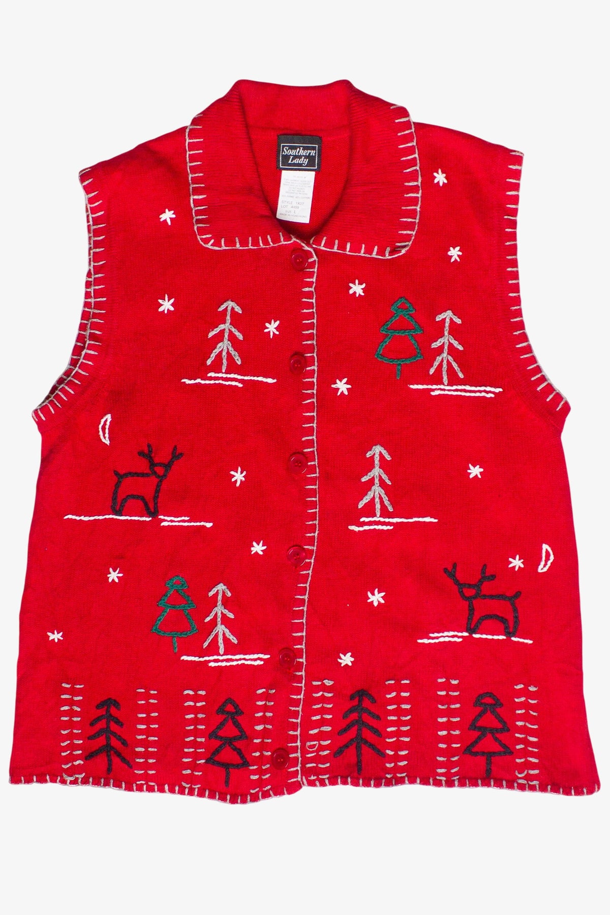 Vintage Southern Lady Hand Stitched Reindeer & Trees Ugly Christmas Vest (1990s)
