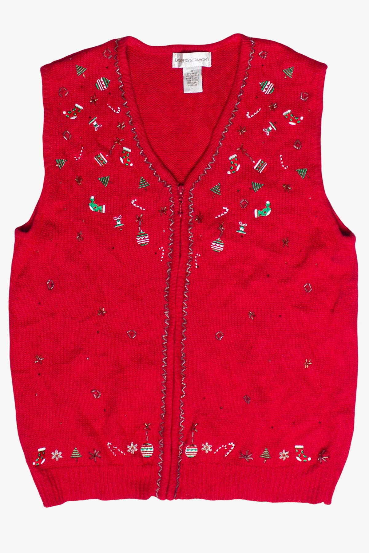 Vintage Beaded Mini Christmas Decorations Zip Up Ugly Christmas Vest (2000s)