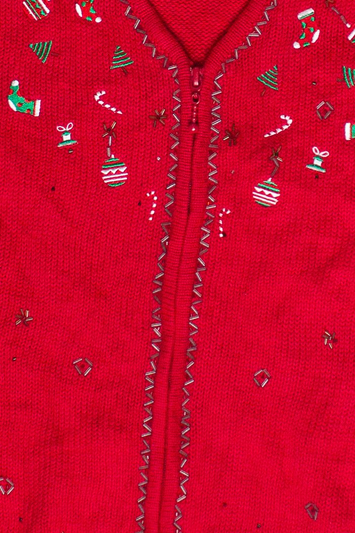 Vintage Beaded Mini Christmas Decorations Zip Up Ugly Christmas Vest (2000s)