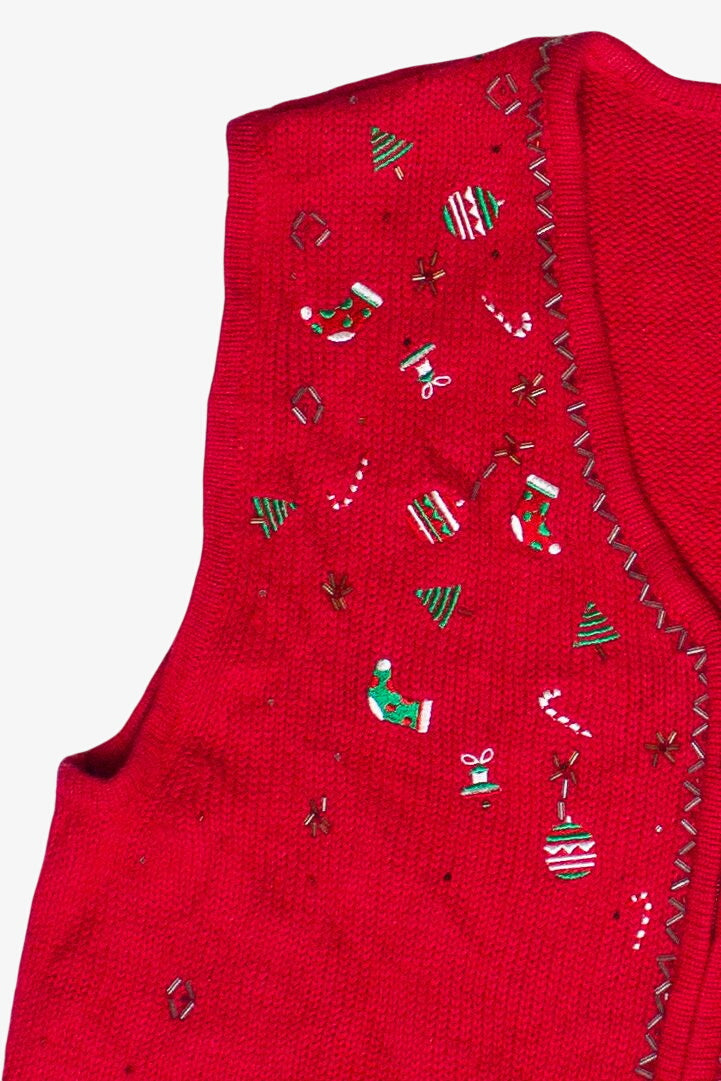 Vintage Beaded Mini Christmas Decorations Zip Up Ugly Christmas Vest (2000s)