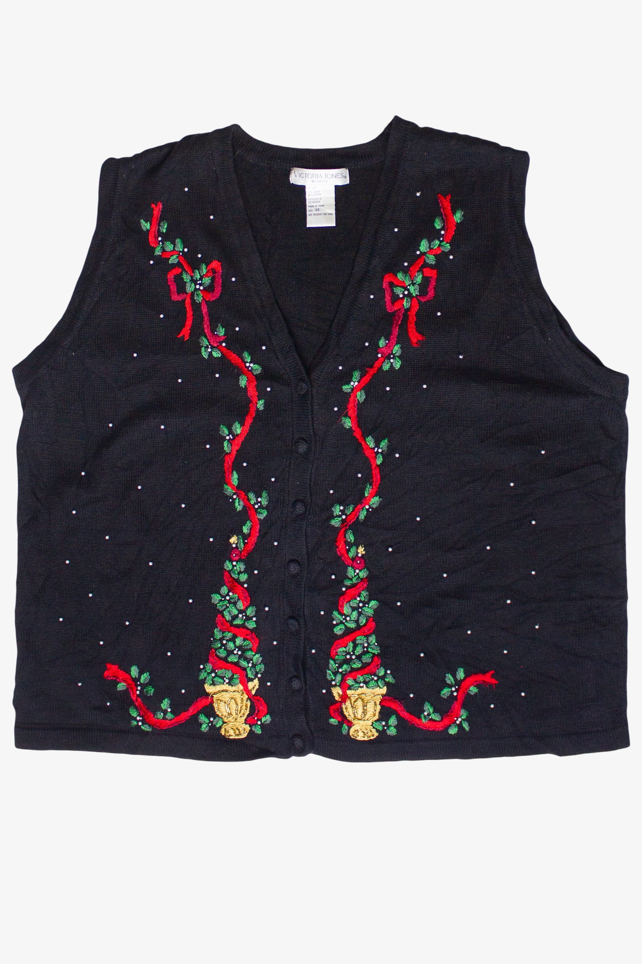 Embroidered Ribbons Holiday Plants Victoria Jones Ugly Christmas Vest (2000s)