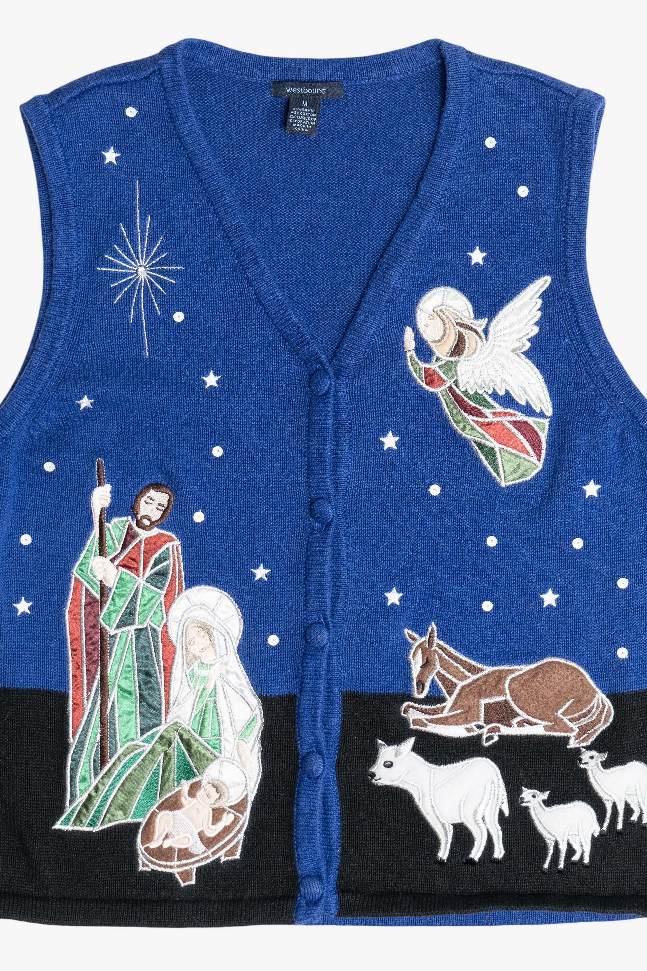 Vintage Blue Nativity Scene Ugly Christmas Sweater Vest (1990s)
