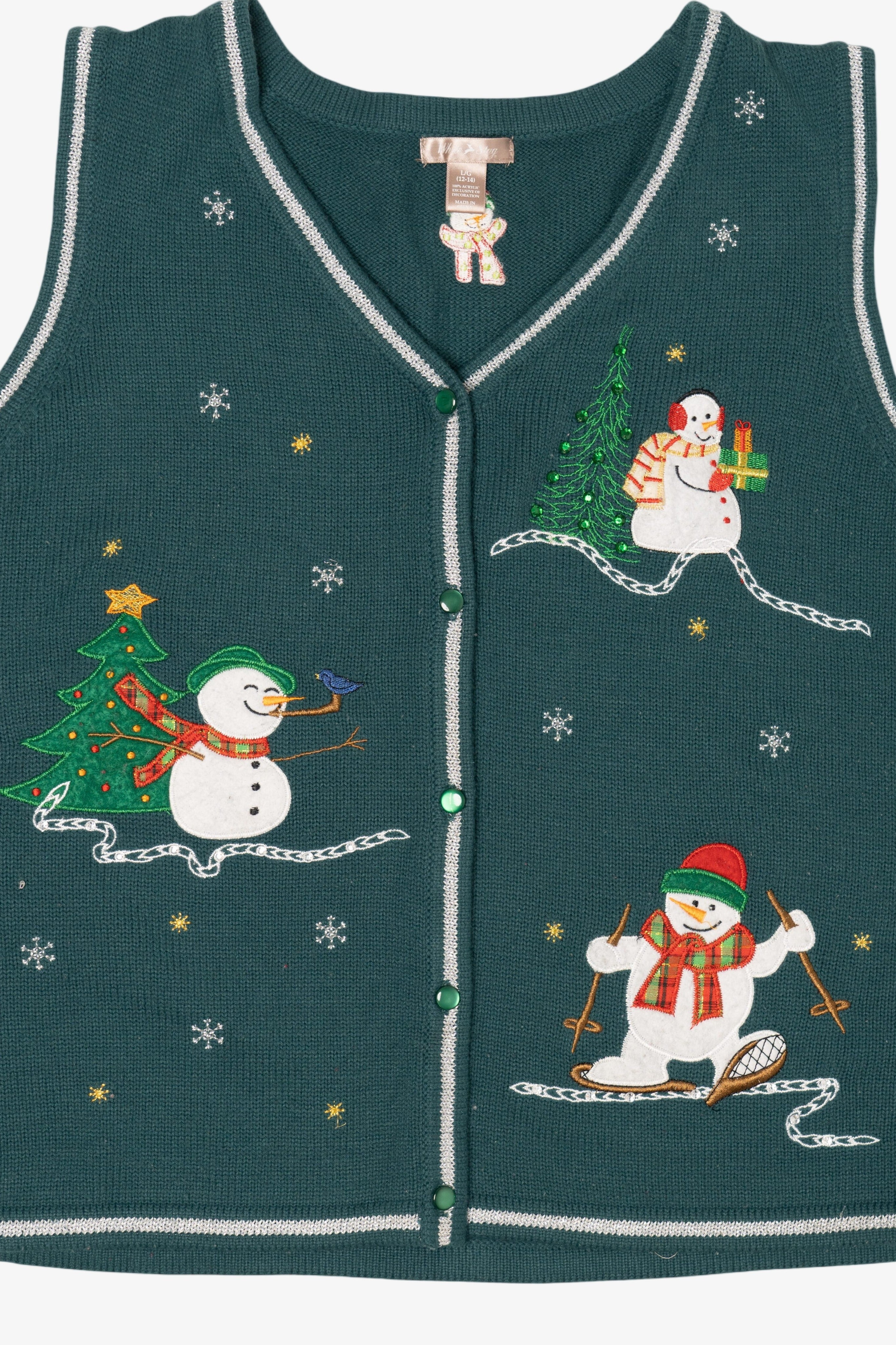 Vintage Dark Green White Stag Snowmen Ugly Christmas Vest (2000s)
