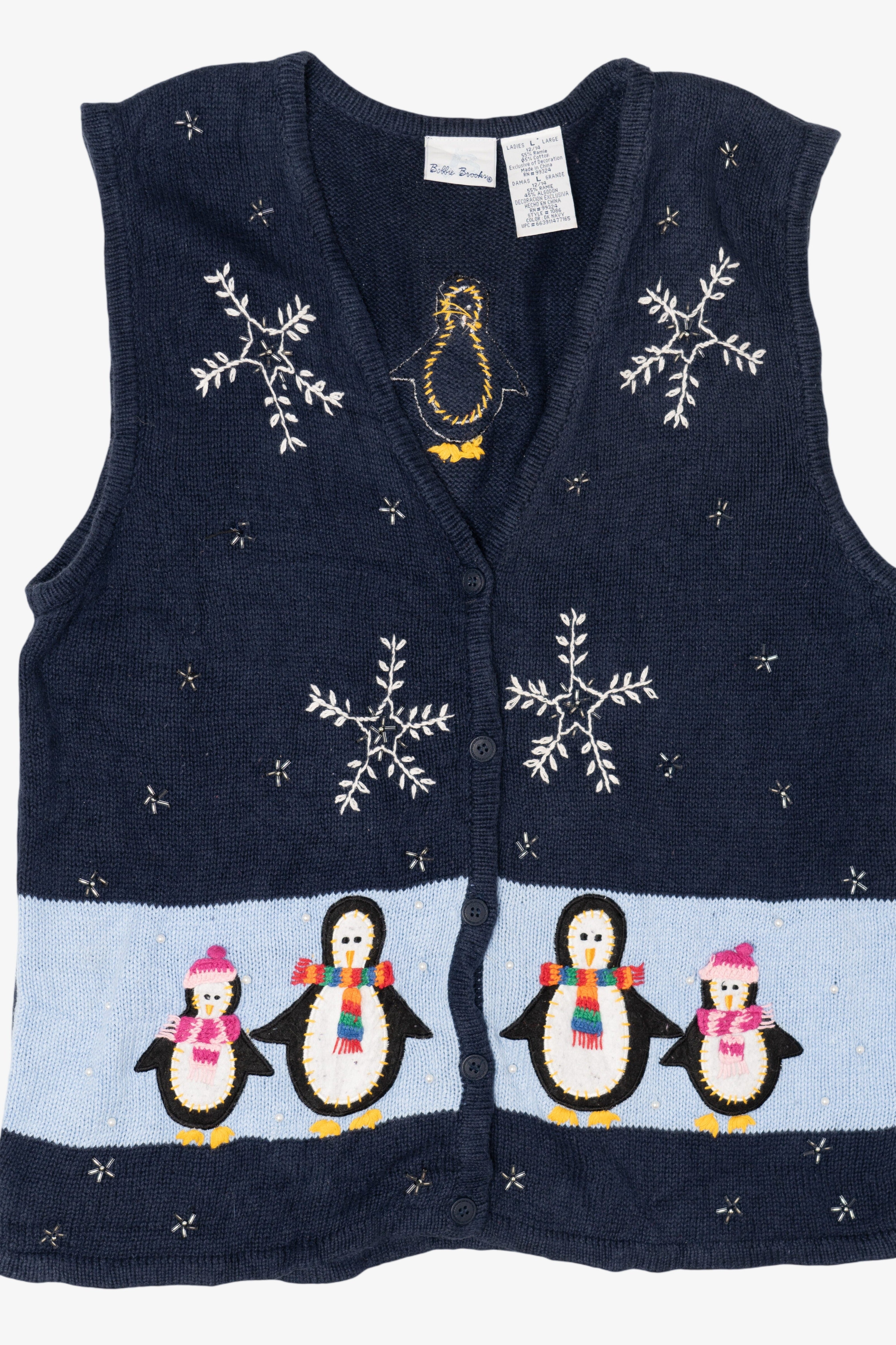 Vintage Navy Blue Bobbie Brooks Penguins Christmas Vest (1990s)
