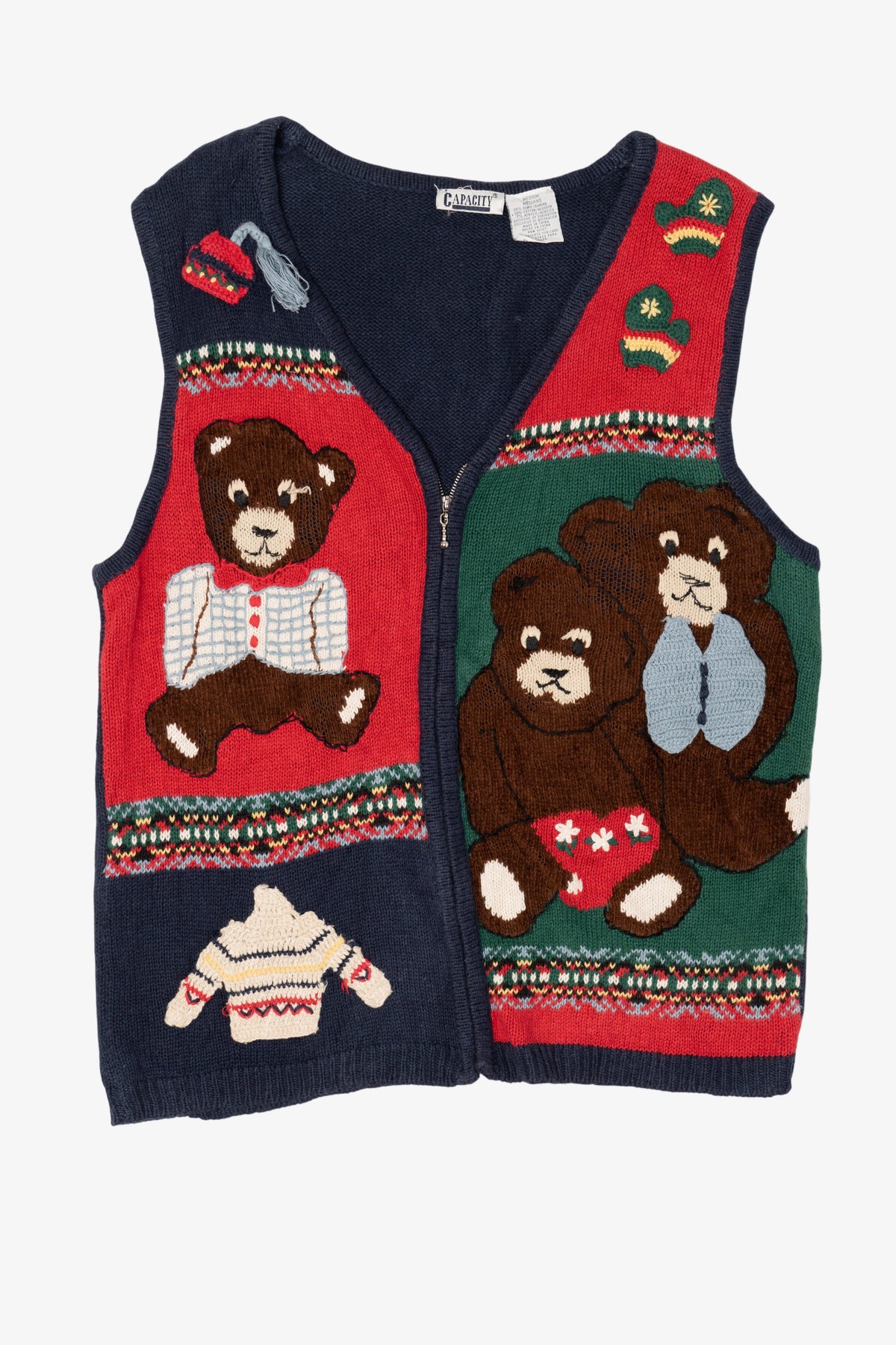 Vintage Navy Blue Capacity Teddy Bears Ugly Christmas Vest (1990s)