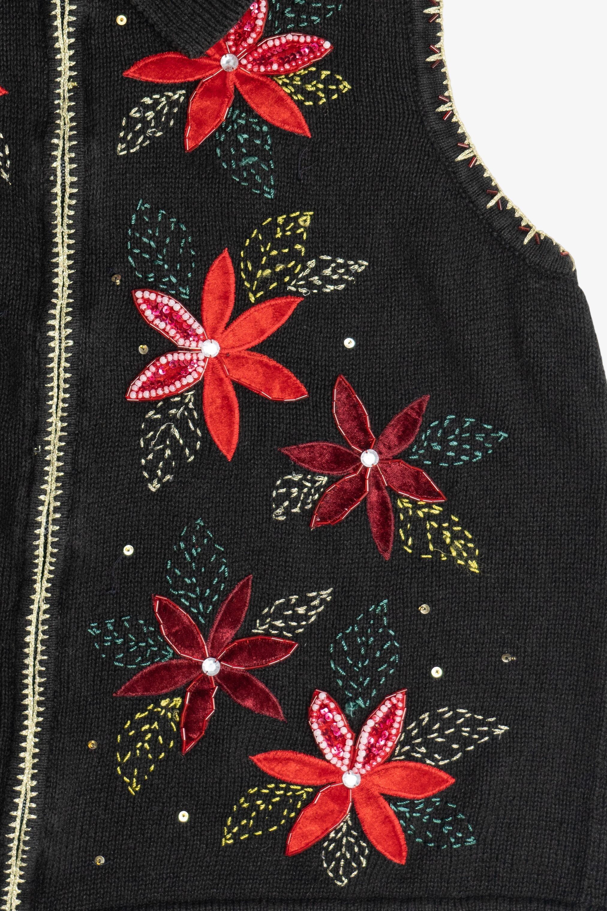 Vintage Beaded Poinsettia Ugly Christmas Vest (1990s)
