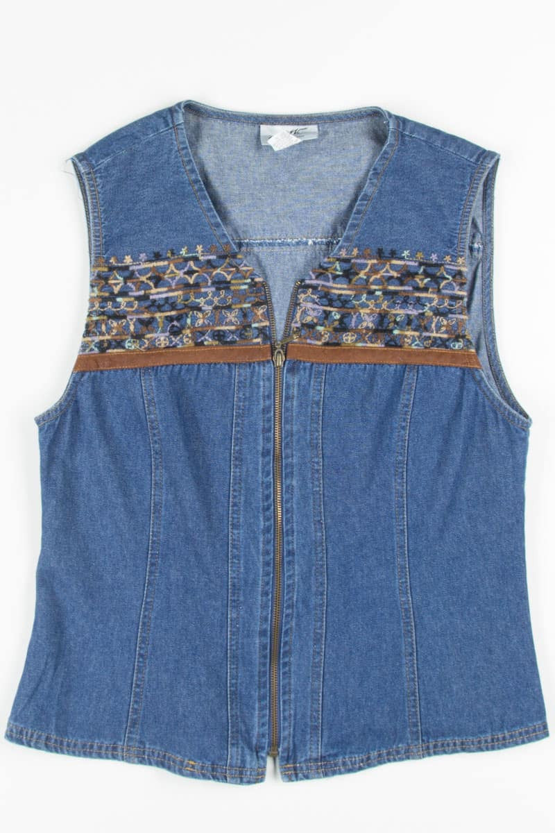Embroidered Zip Front Denim Vest