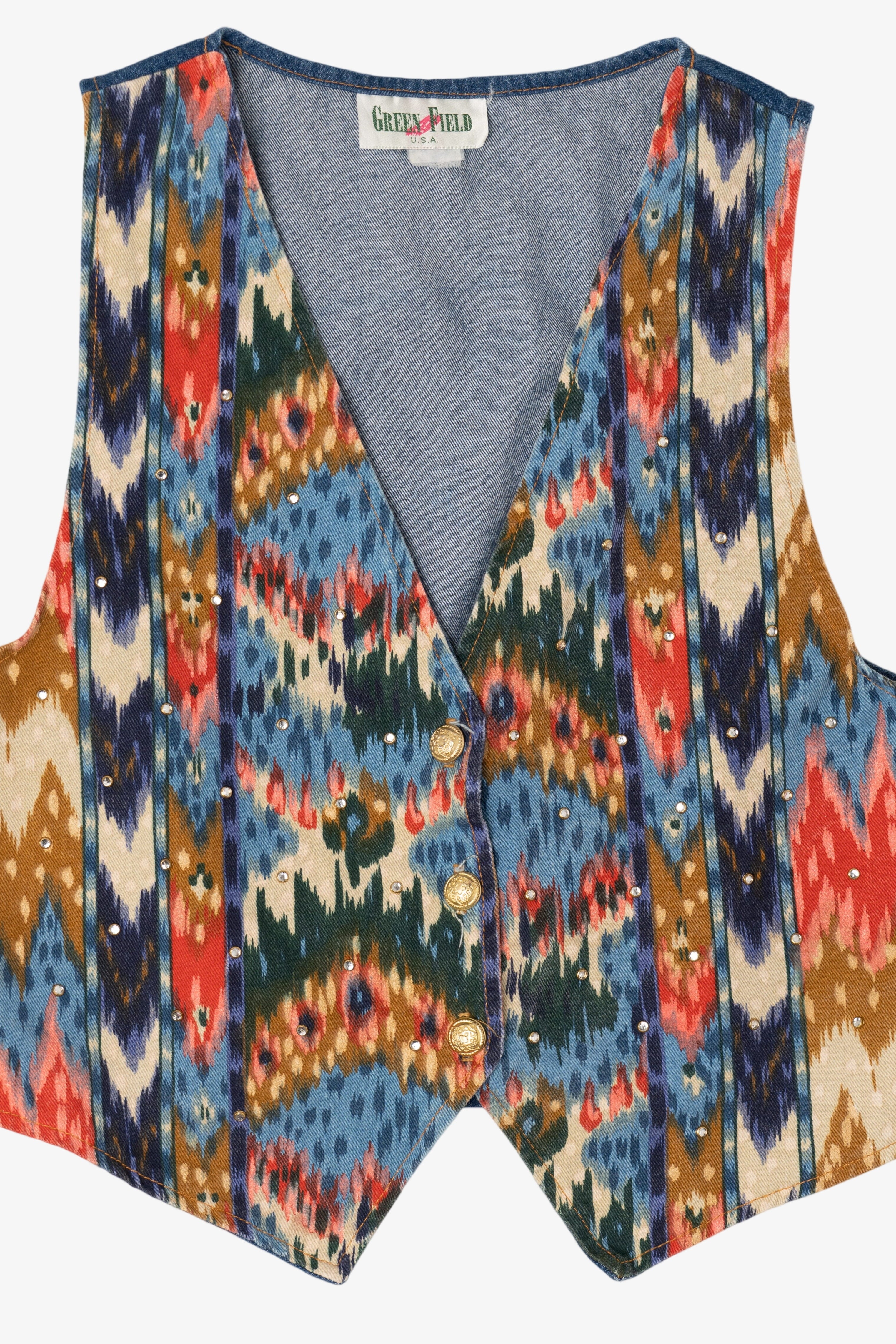 Vintage Green Field Southwestern Print With Rhinestone Denim Vest (1990s)