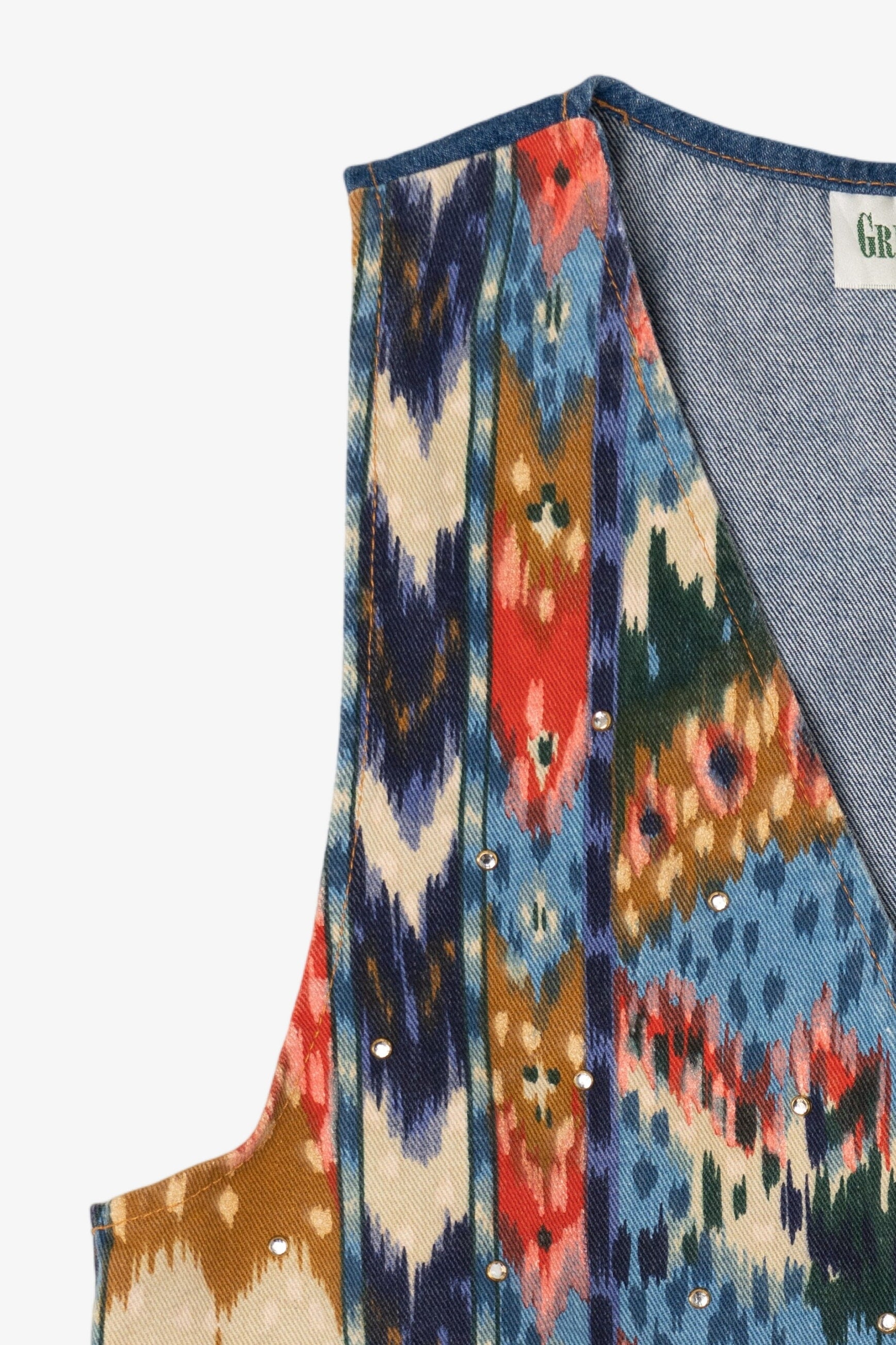 Vintage Green Field Southwestern Print With Rhinestone Denim Vest (1990s)