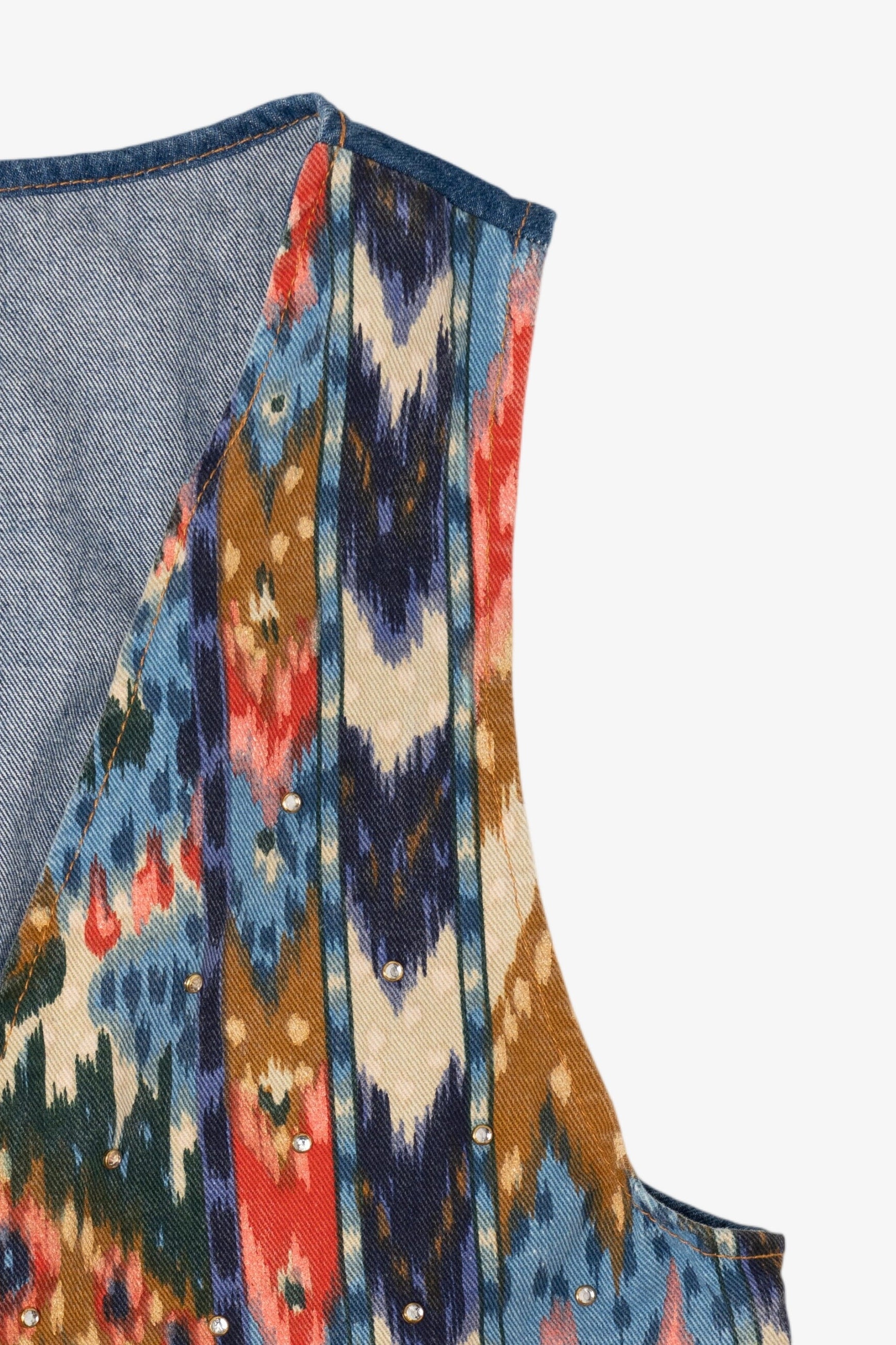 Vintage Green Field Southwestern Print With Rhinestone Denim Vest (1990s)