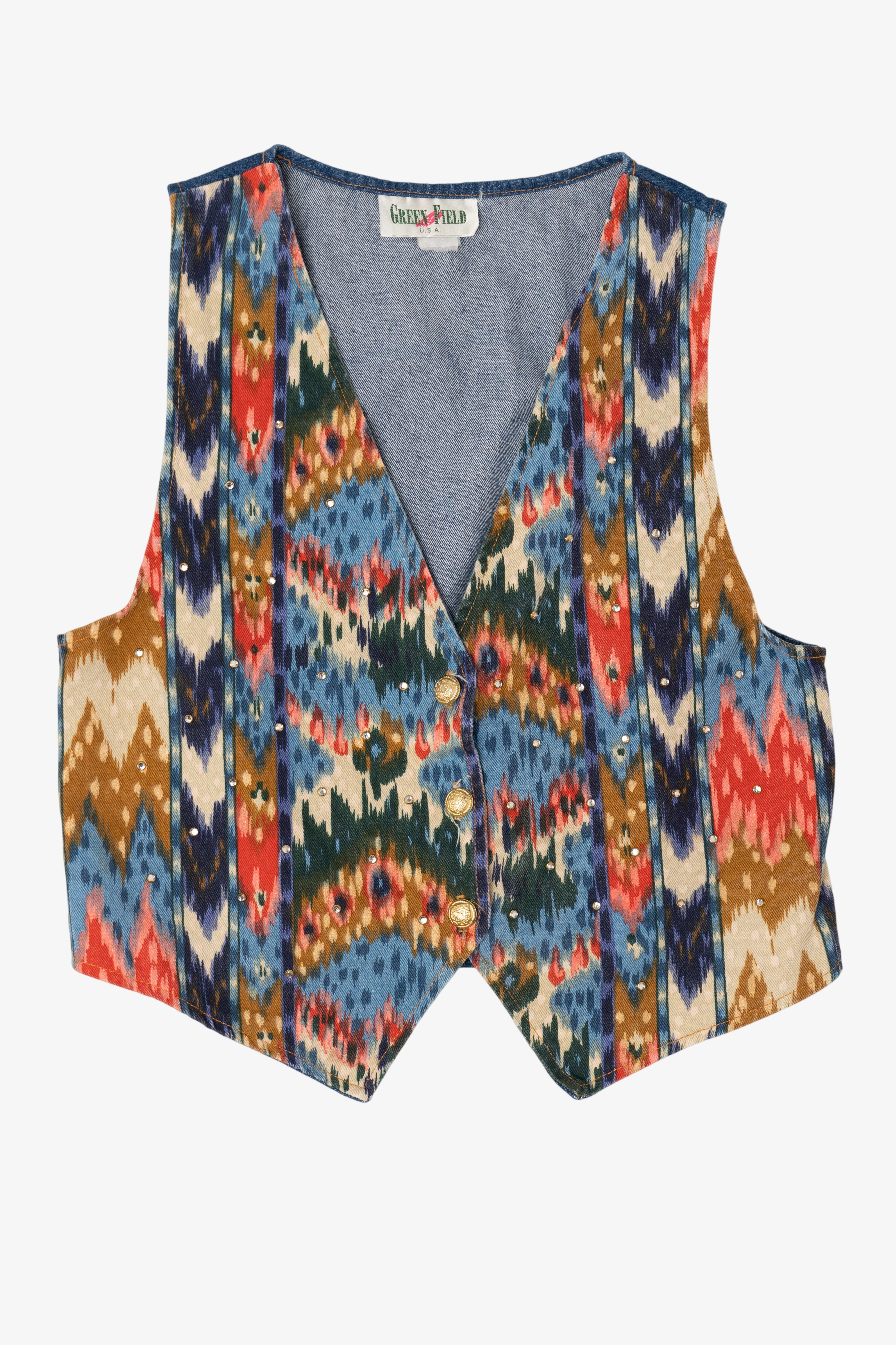 Vintage Green Field Southwestern Print With Rhinestone Denim Vest (1990s)