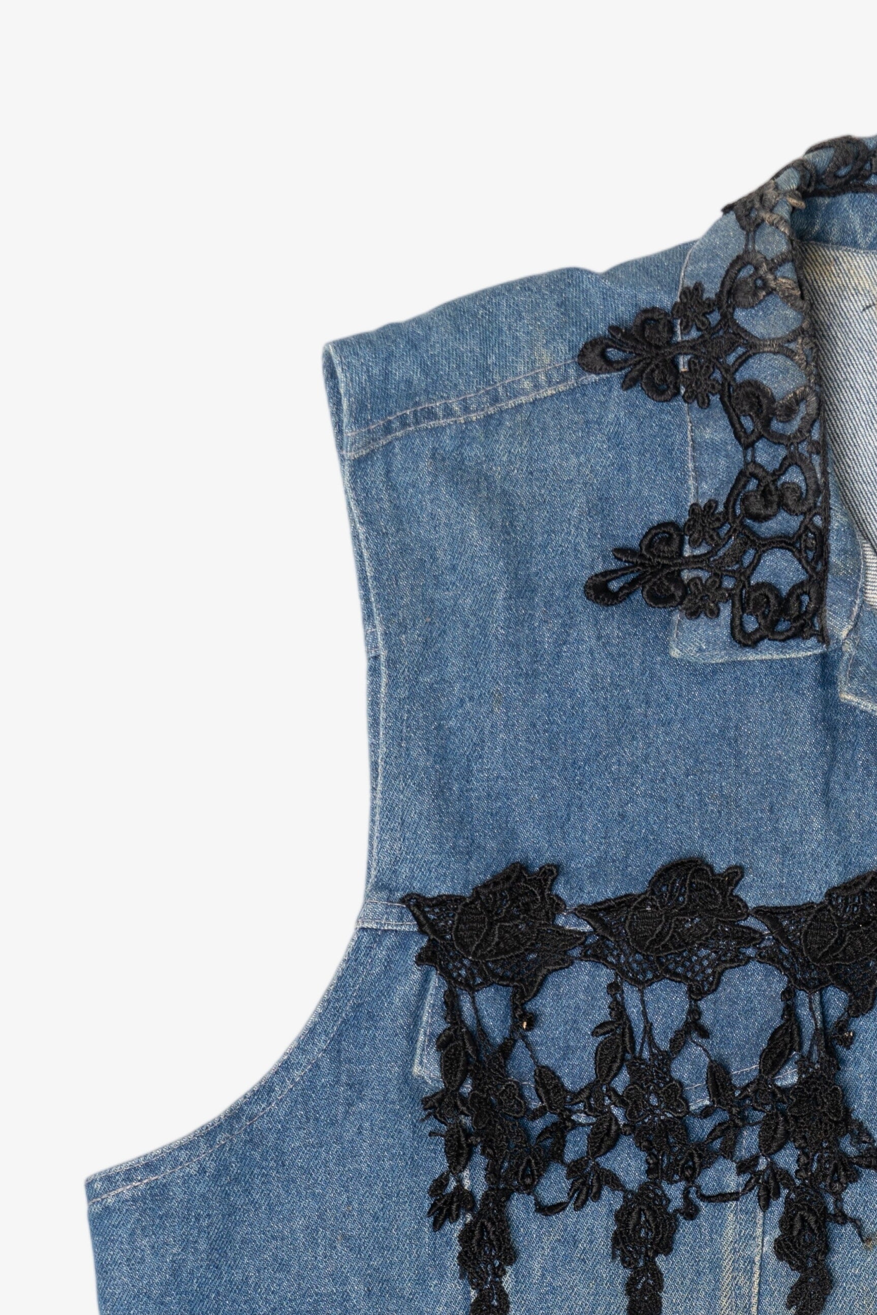 Vintage Y2k St. Joanna Black Lace Trimmed Denim Vest (2000s)