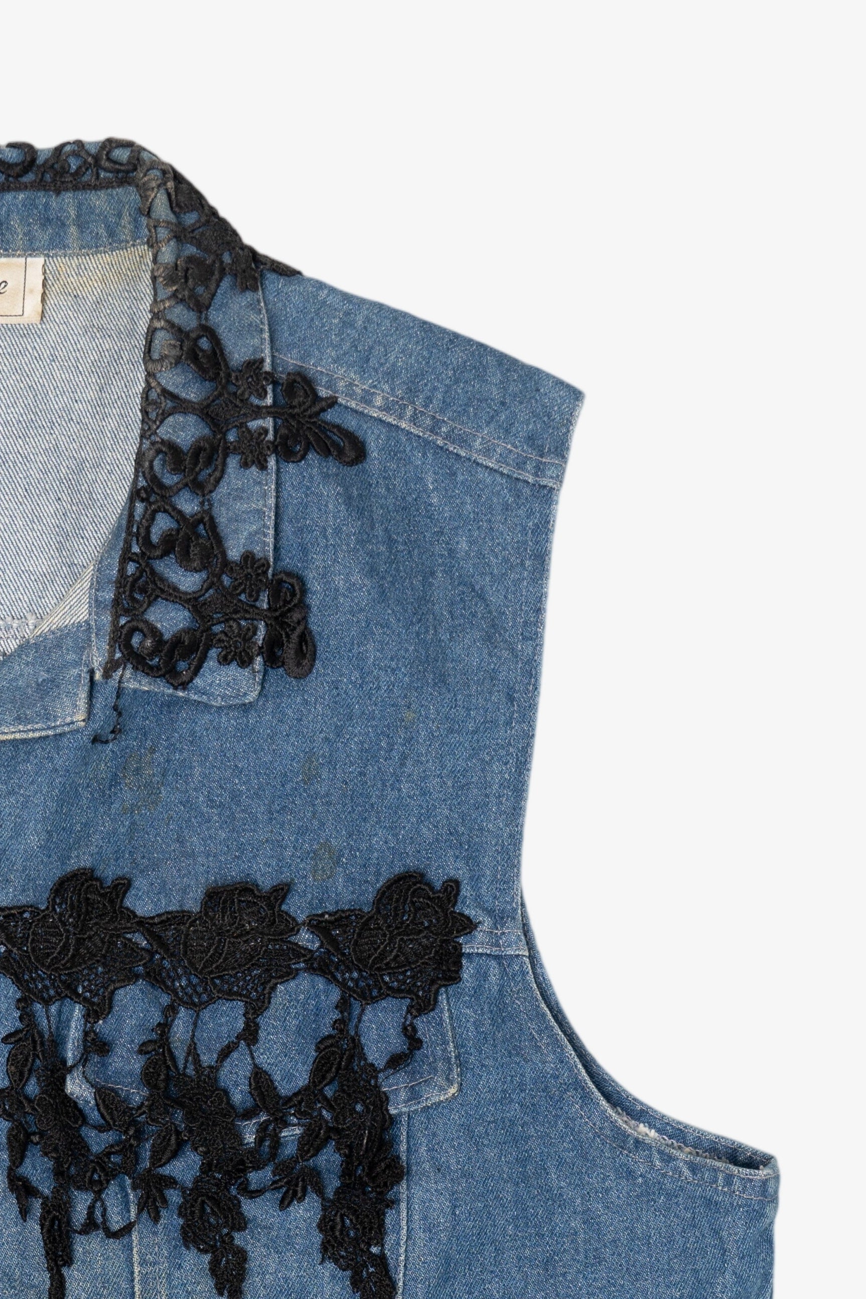 Vintage Y2k St. Joanna Black Lace Trimmed Denim Vest (2000s)