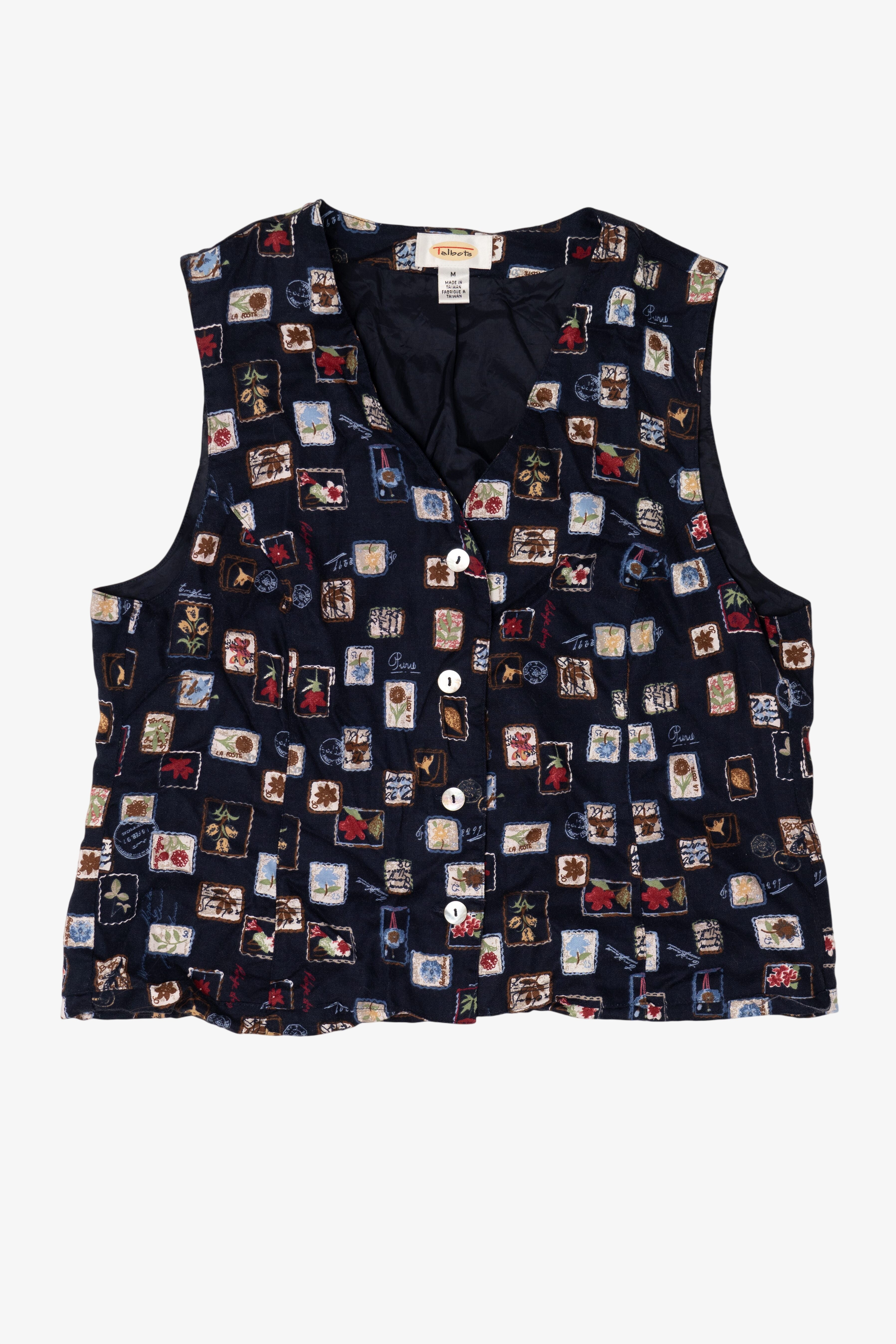 Vintage Navy Blue Talbots Postal Stamps Vest (1990s)