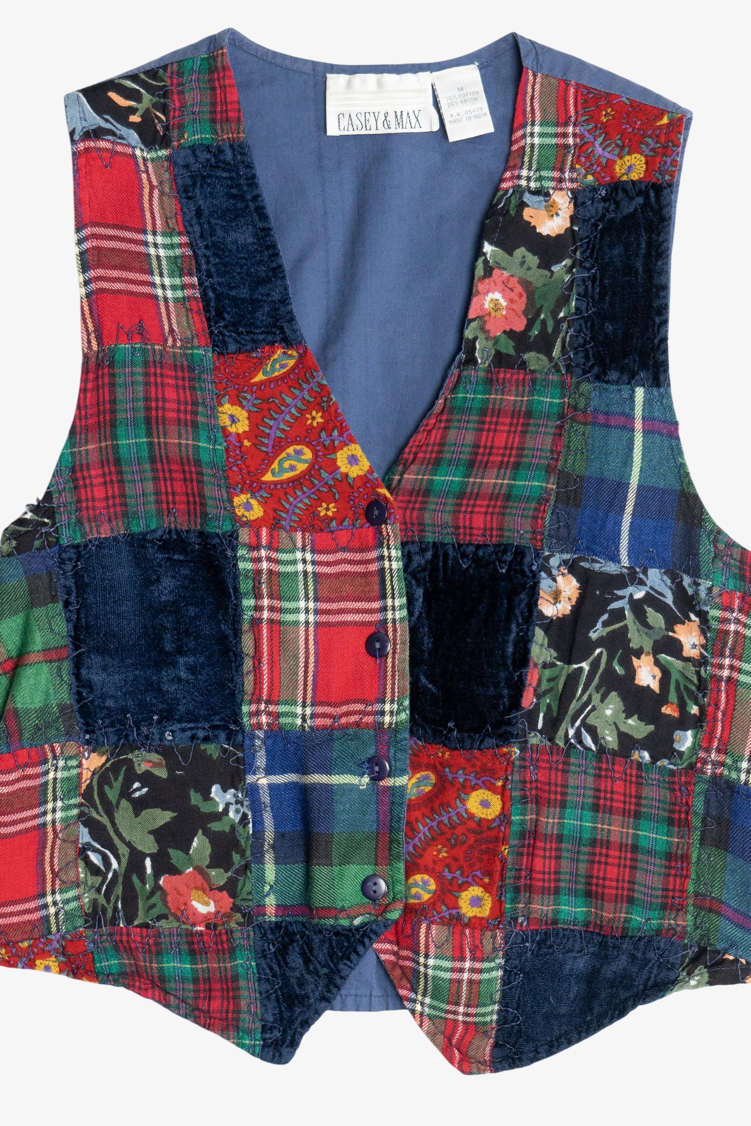 Vintage Casey & Max Cotton Velour Plaid & Floral Patchwork Vest (1990s)