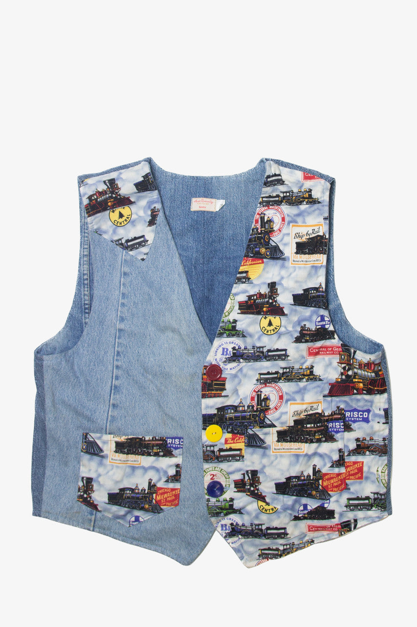 Vintage Custom Made Trains Denim Vest