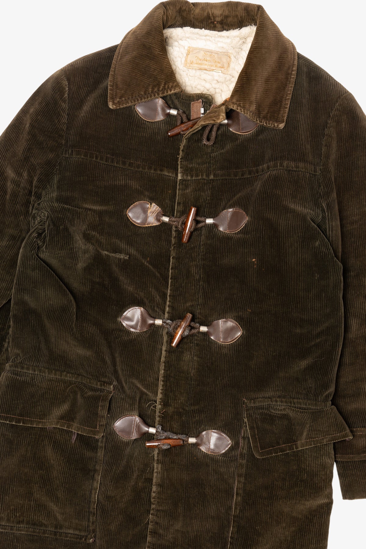 Vintage Distressed Sears Corduroy Sherpa Lined Duffle Coat (1970s)