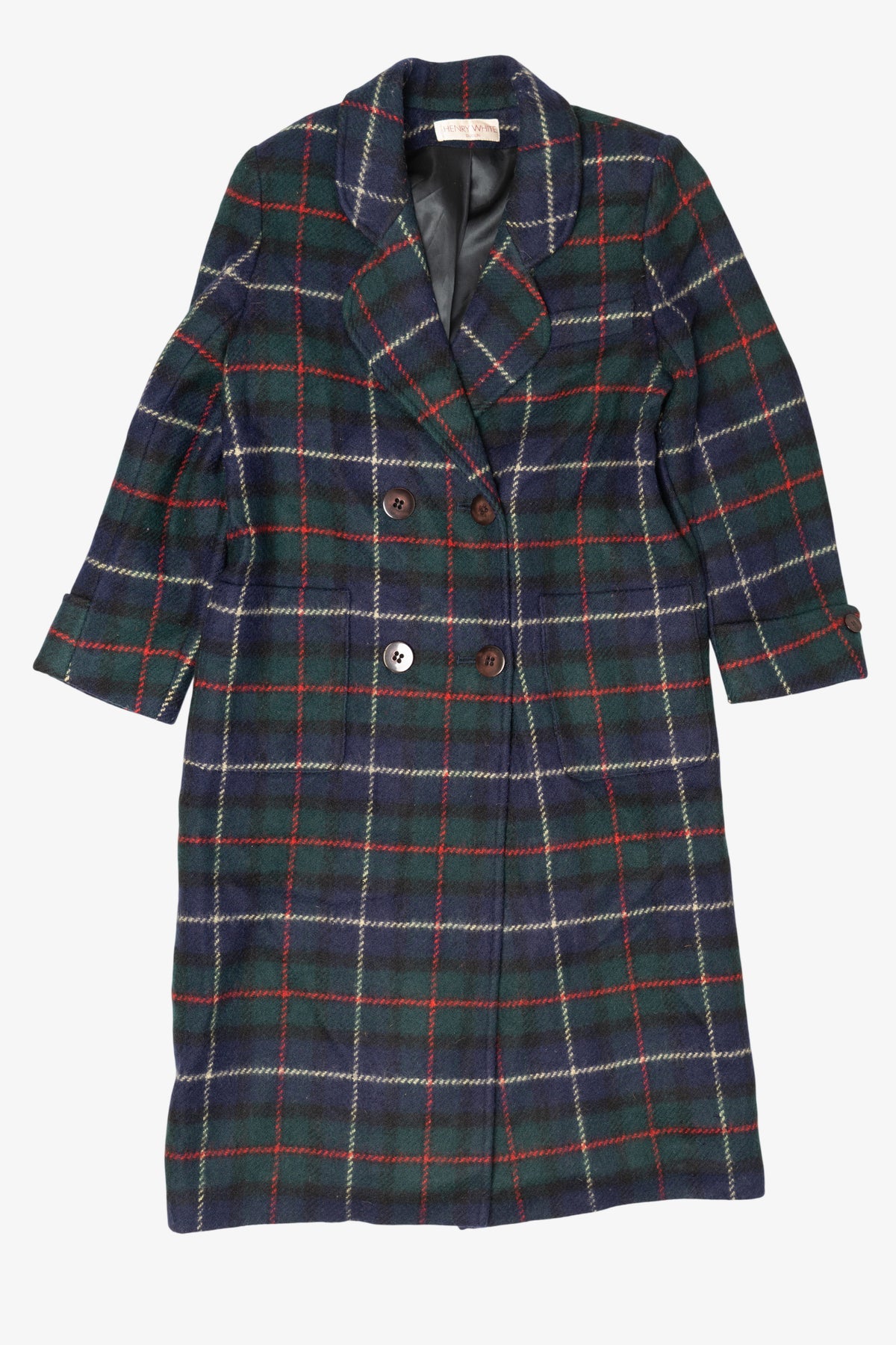 Vintage Plaid Henry White Double-Breasted Overcoat (1980s)