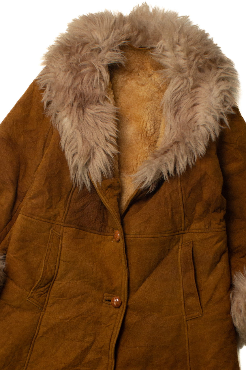 Vintage Brown Suede & Faux Fur Winter Coat (1970s)