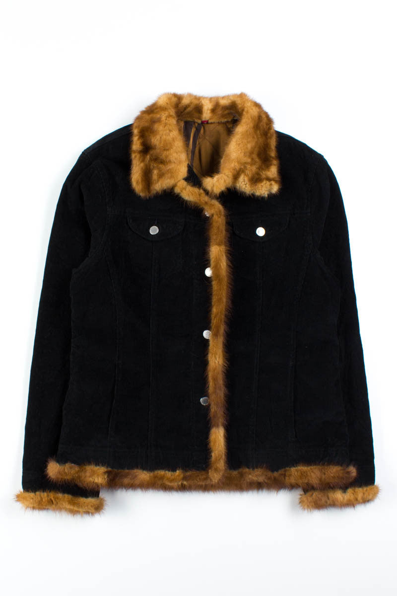 Black Fur Lined Corduroy Coat