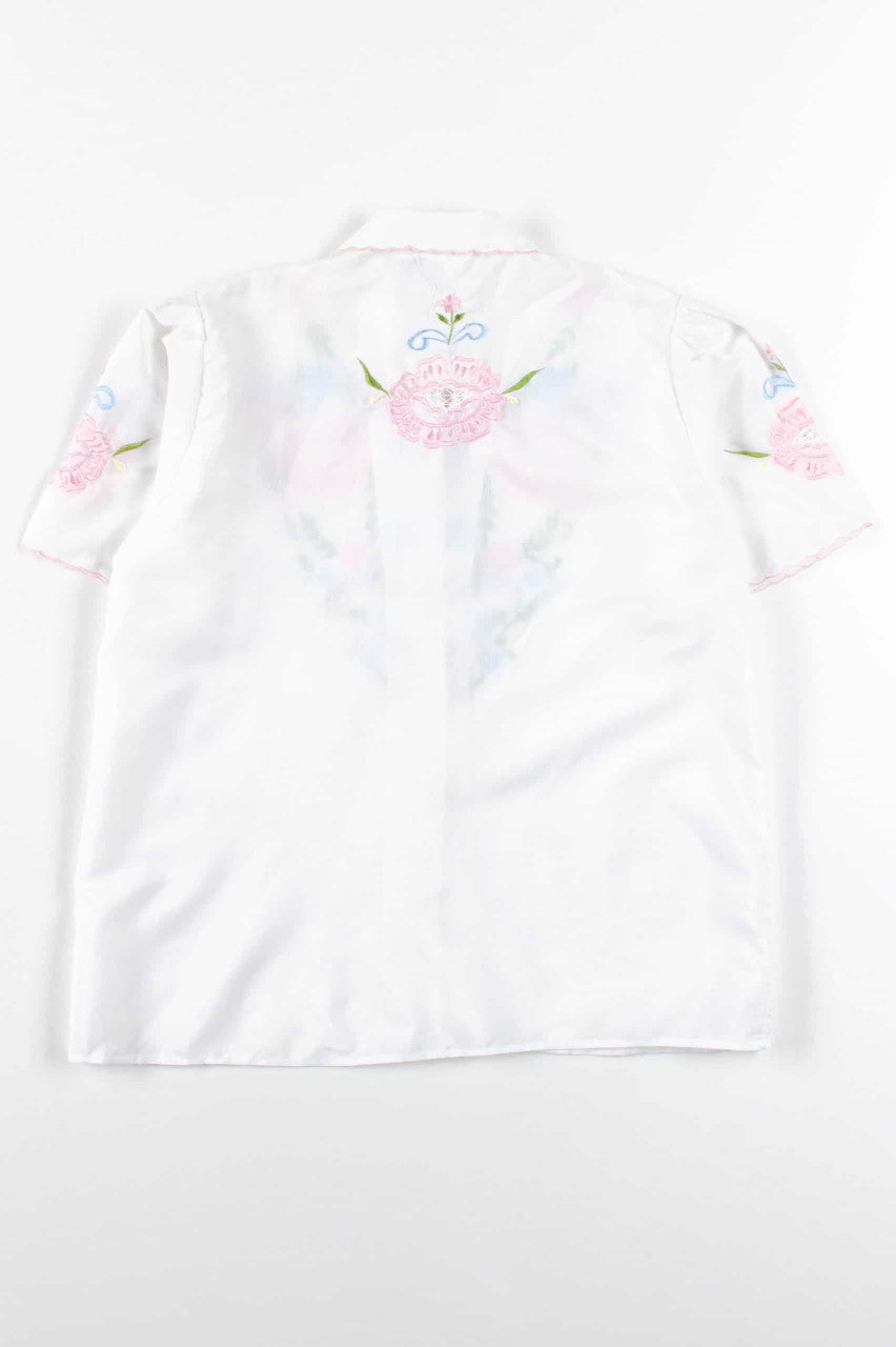 White & Pink Floral Button Up Blouse