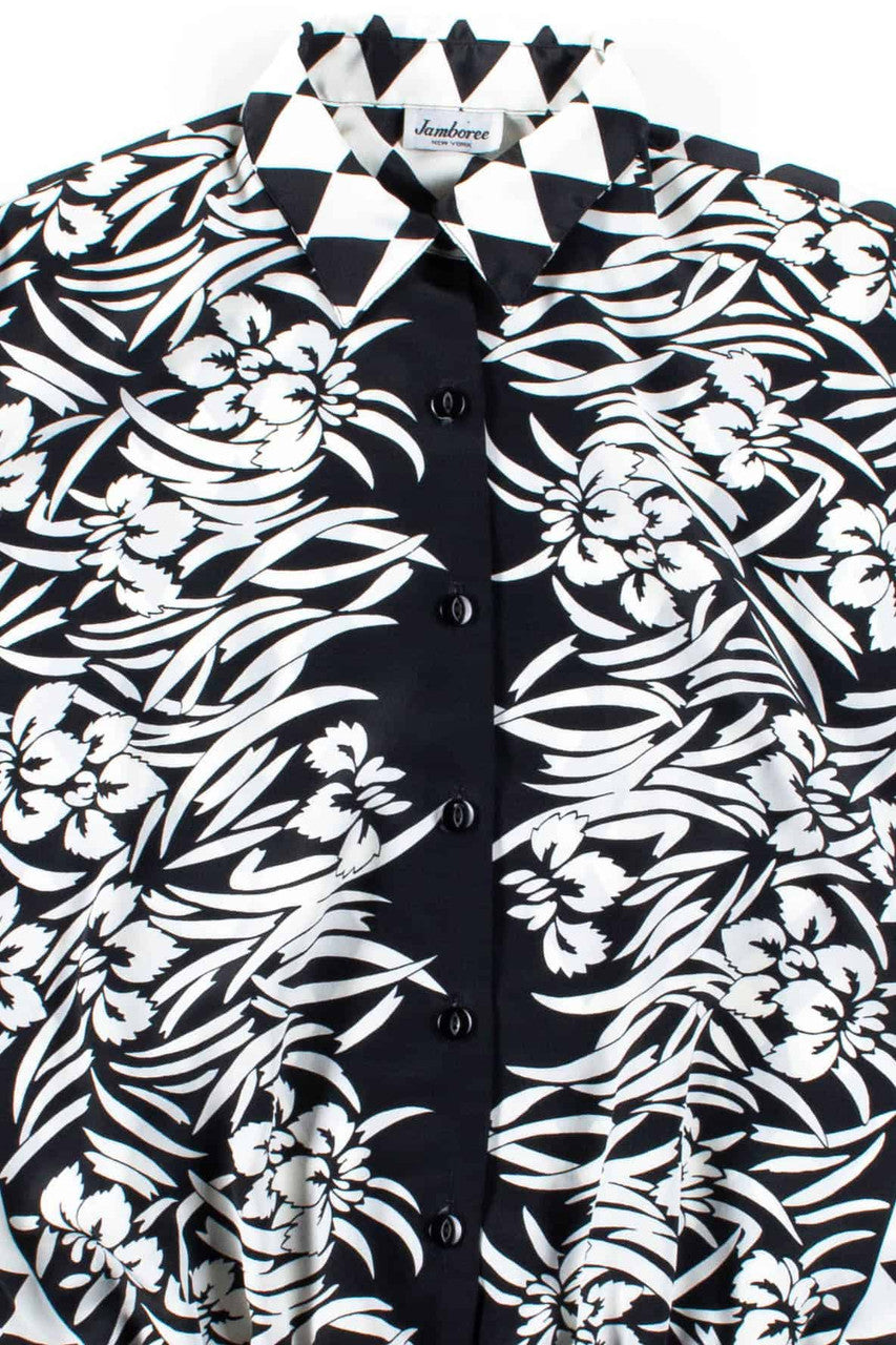 Two Tone Floral Diamond Button Up Vinage Blouse