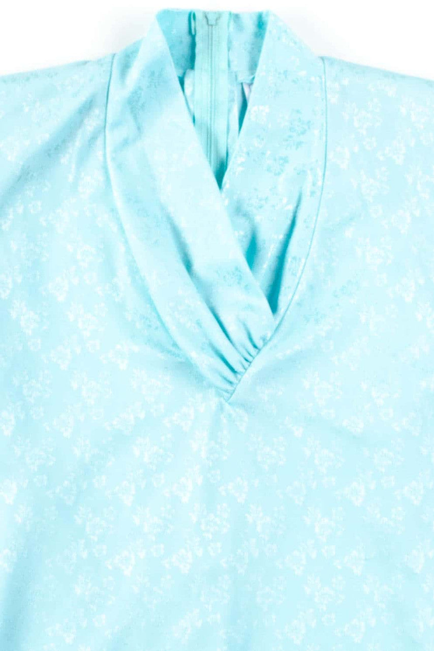 Shiny Aqua Floral Shawl Collar Blouse