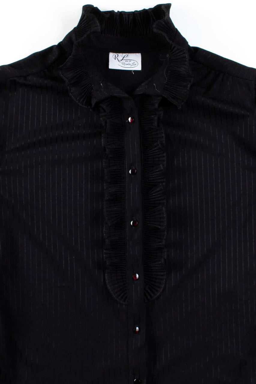 Black Striped Ruffle Trim Button Up Blouse