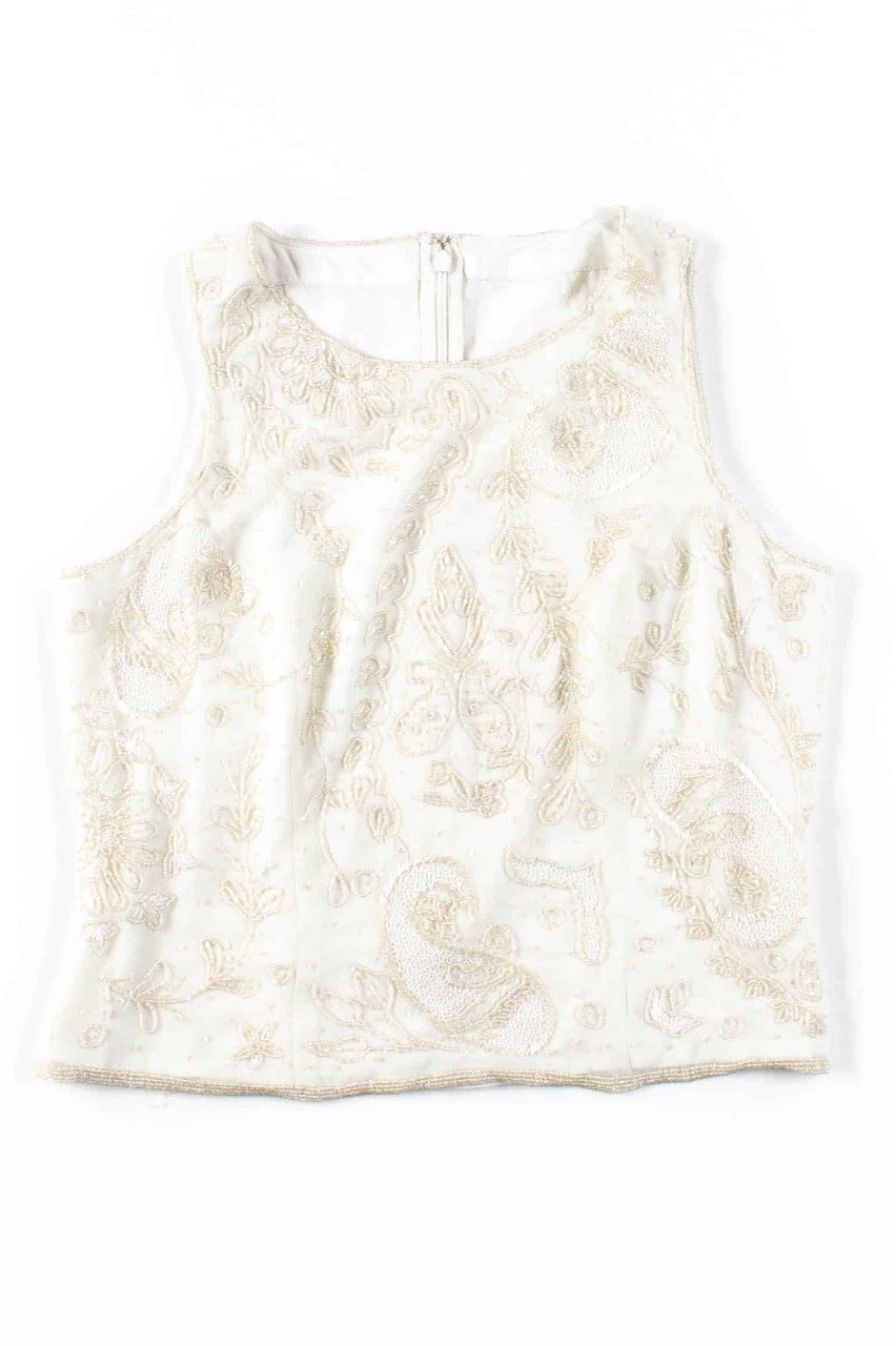 White Beaded Floral Tank Top