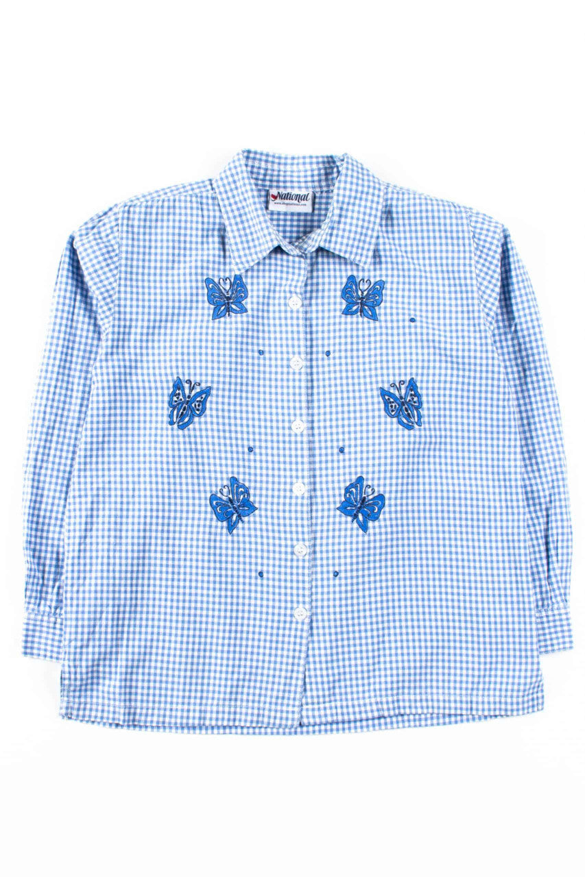 Blue Gingham Butterflies Blouse