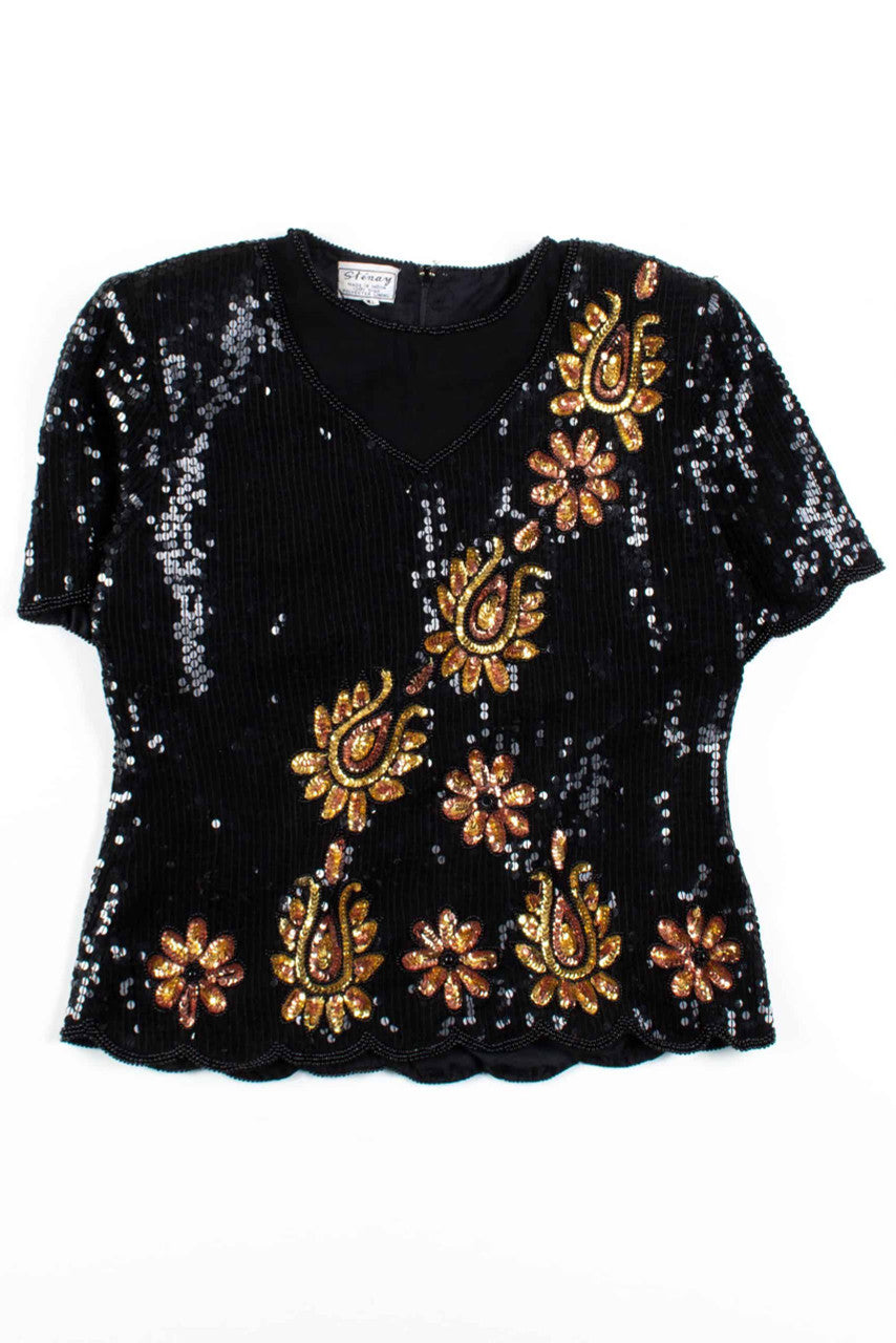 Vintage Gold Floral Sequin Top