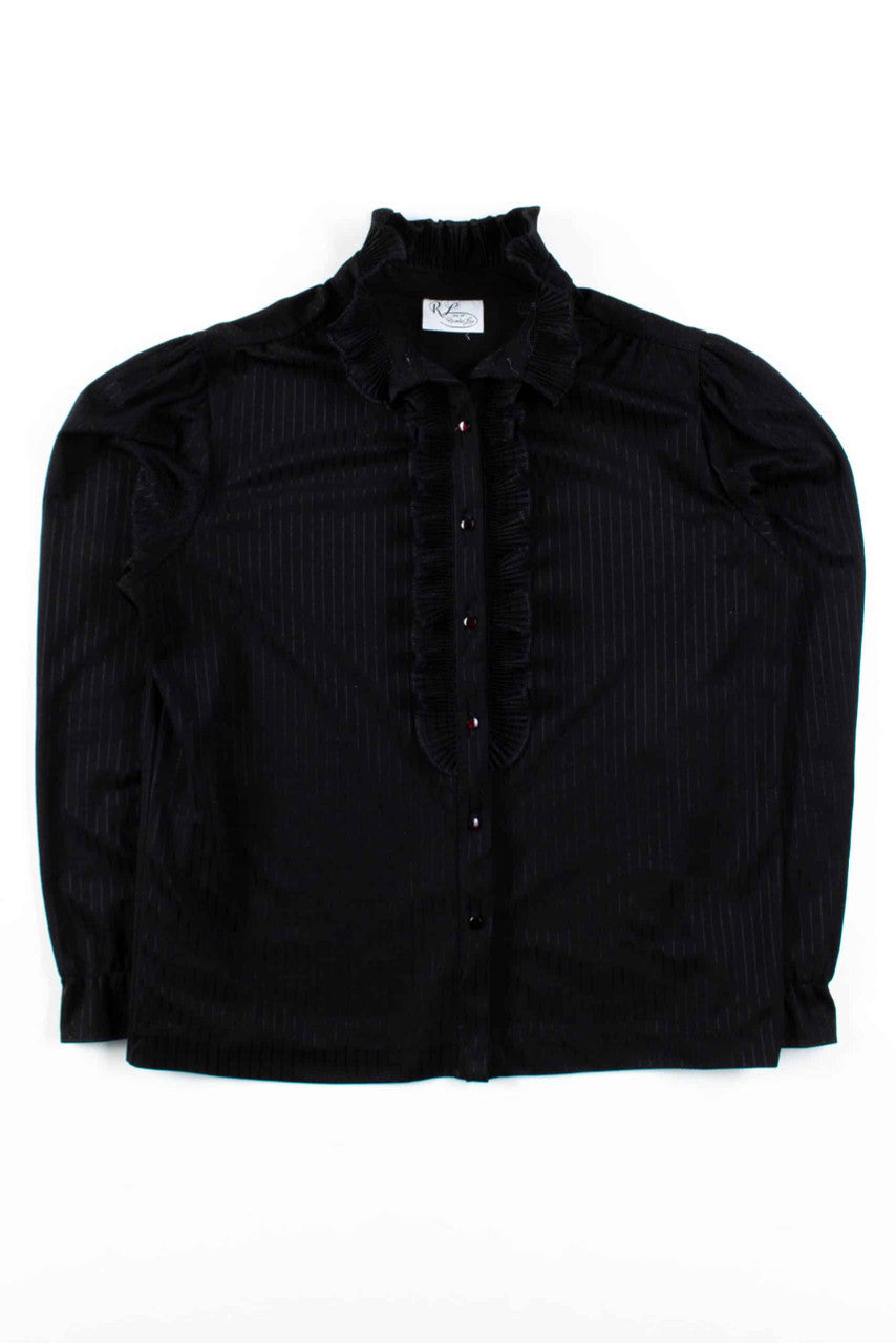 Black Striped Ruffle Trim Button Up Blouse