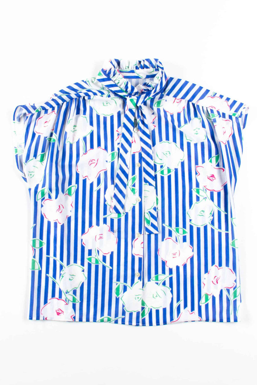 Blue Striped Floral Tie Neck Blouse