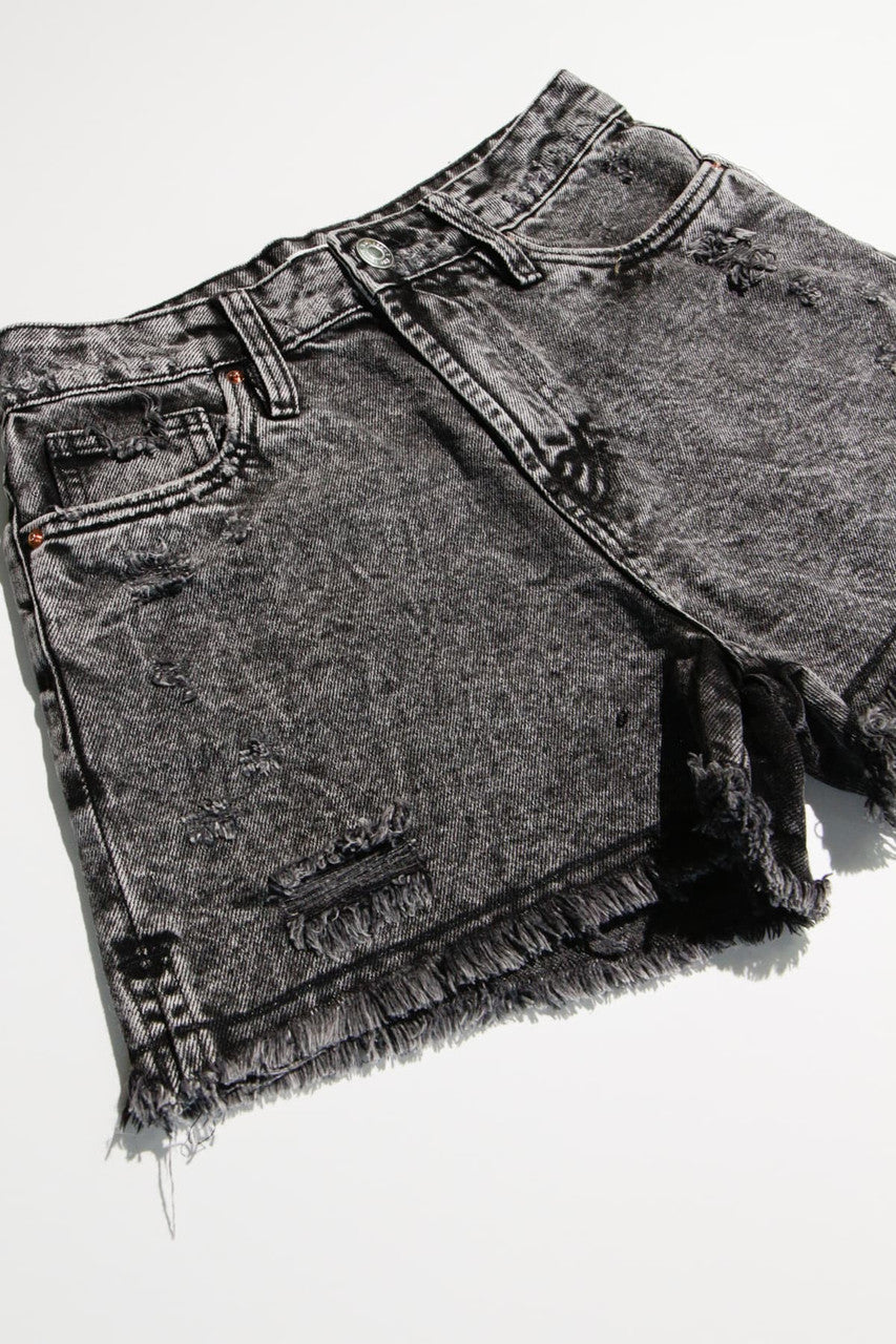 Black Washed High Rise Frayed Denim Shorts