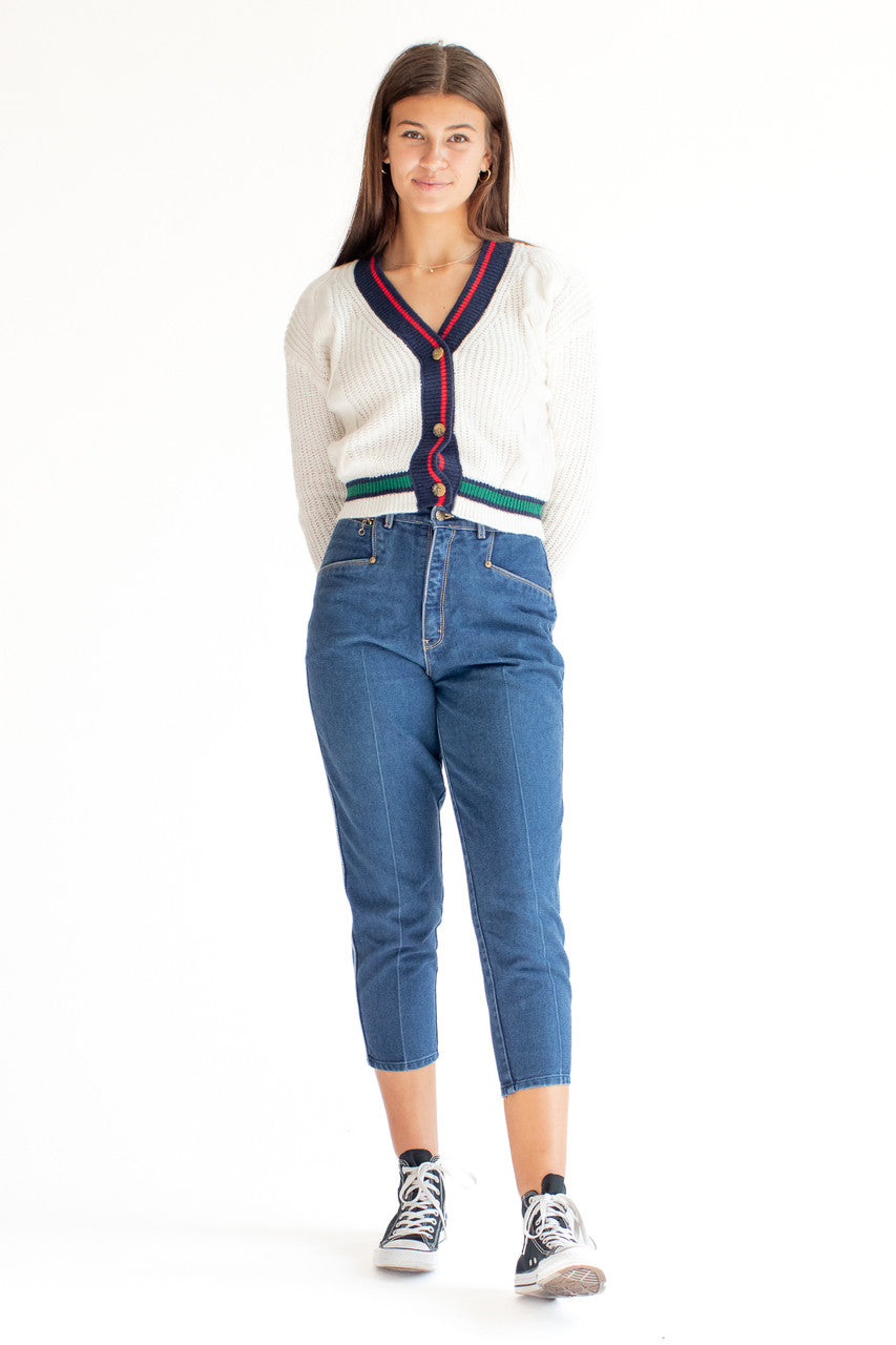 White Cable Knit Varsity Cardigan