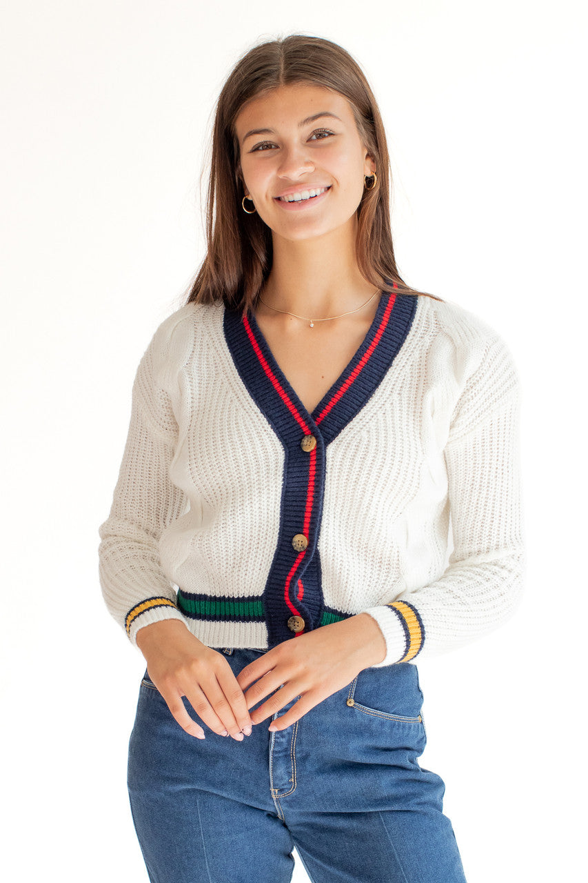 White Cable Knit Varsity Cardigan
