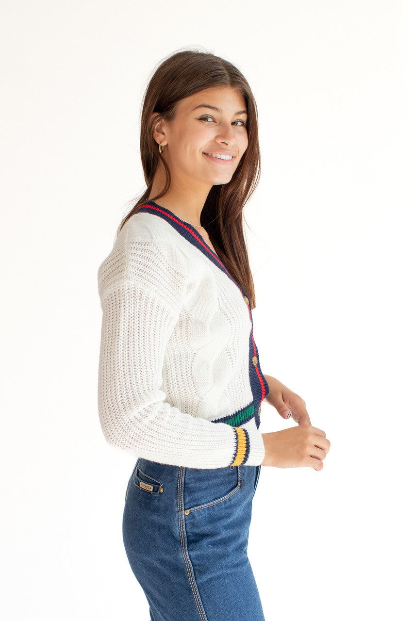 White Cable Knit Varsity Cardigan