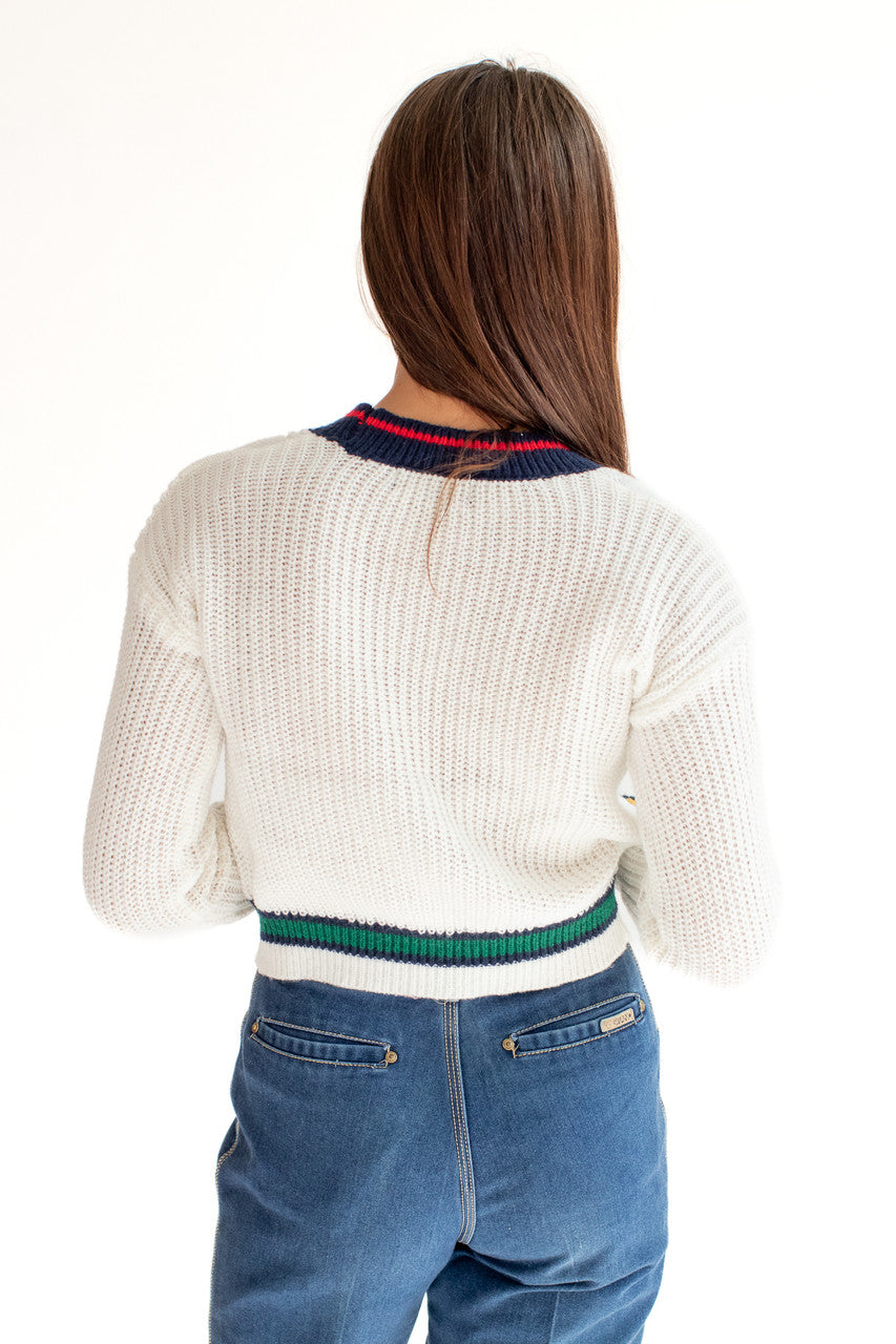 White Cable Knit Varsity Cardigan