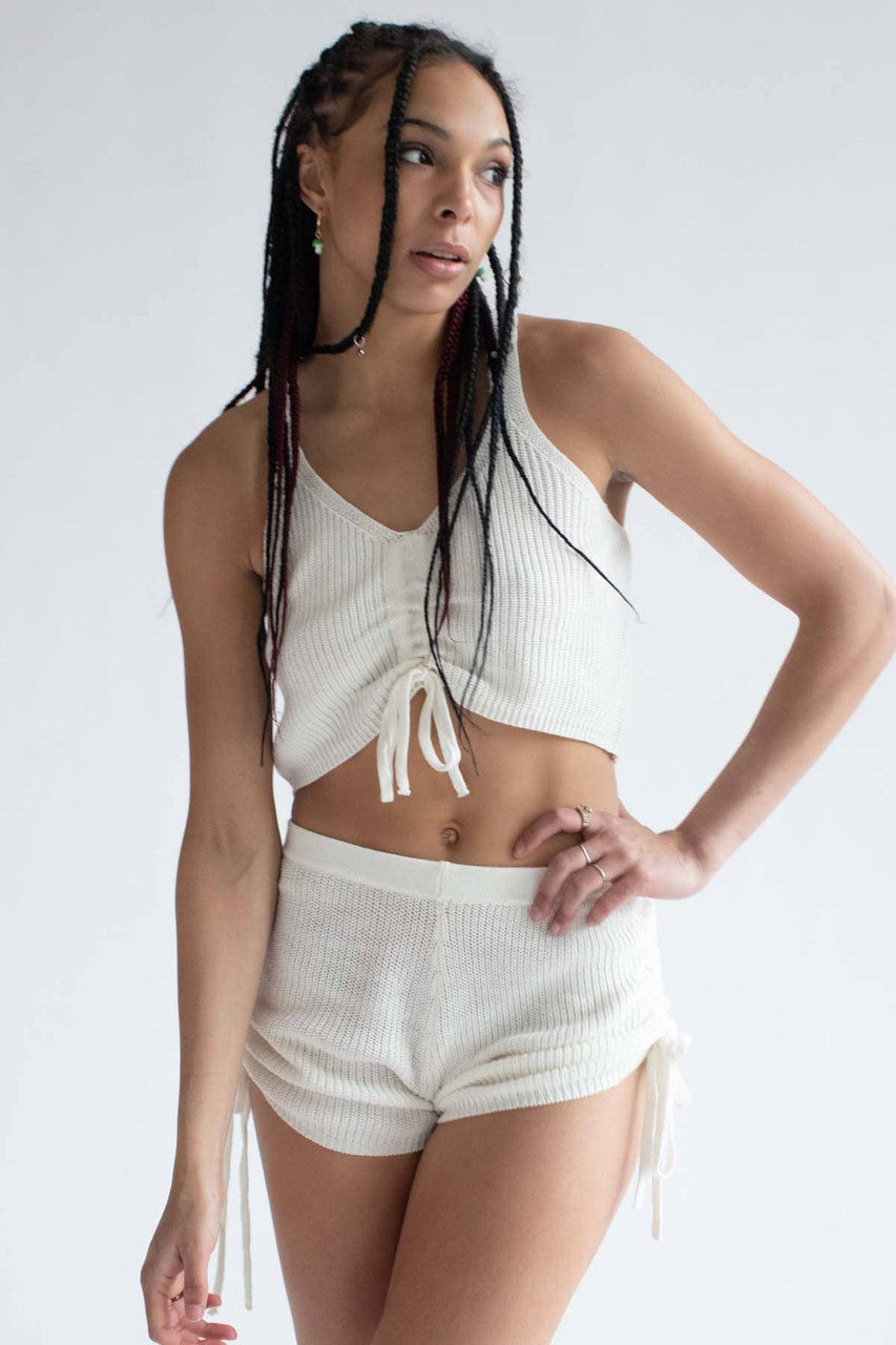 White Cinched Knit Cami & Shorts Set