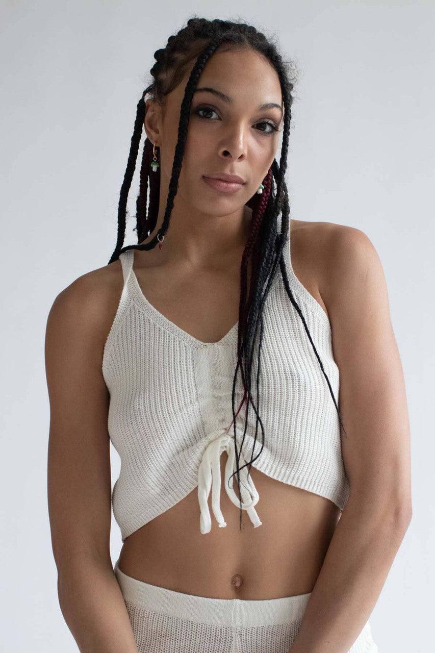 White Cinched Knit Cami & Shorts Set