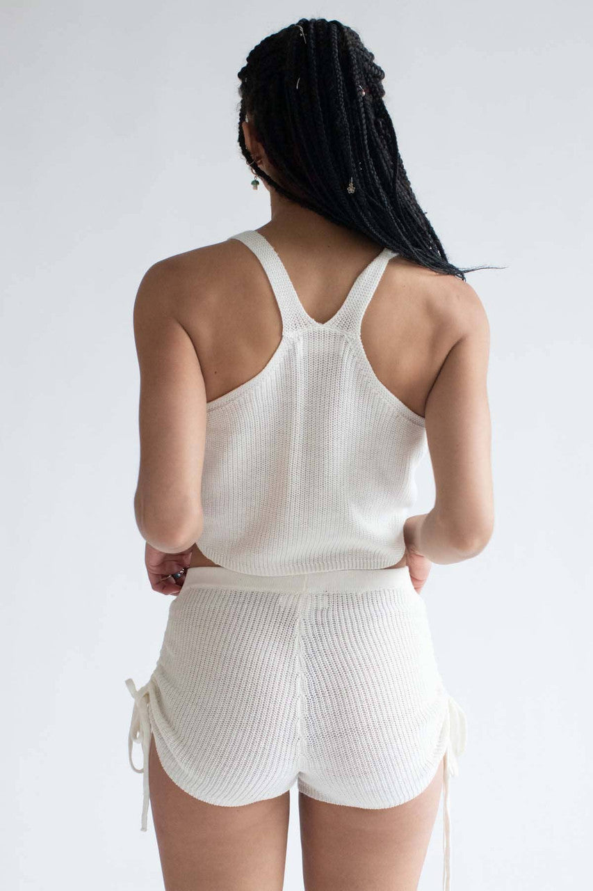 White Cinched Knit Cami & Shorts Set