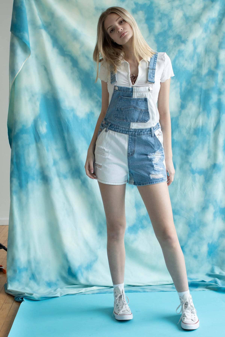 White Color Blocked Denim Overall Shorts