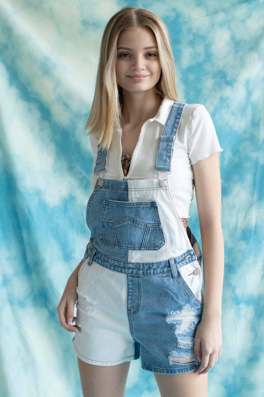 White Color Blocked Denim Overall Shorts
