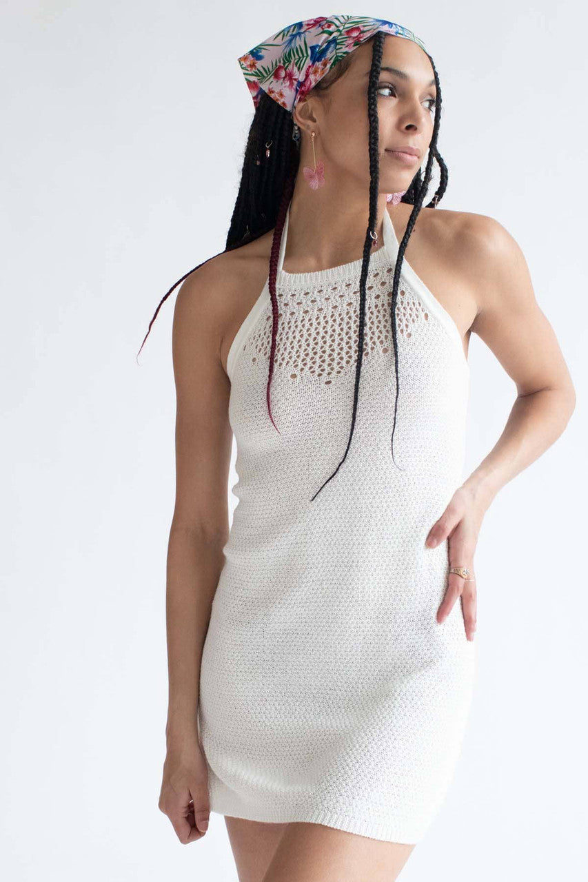 White Crochet Halter Dress