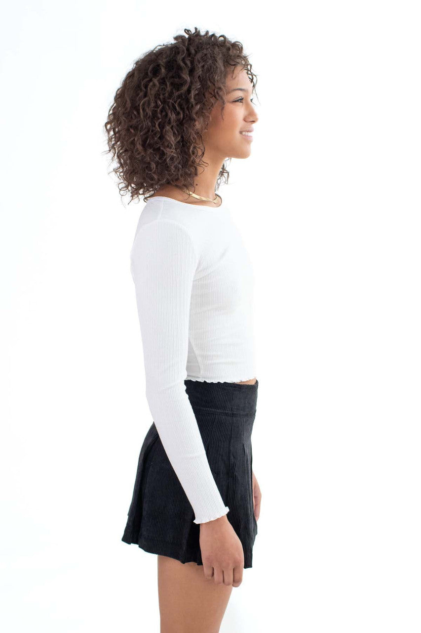 White Double Ribbed Long Sleeve Crop Top