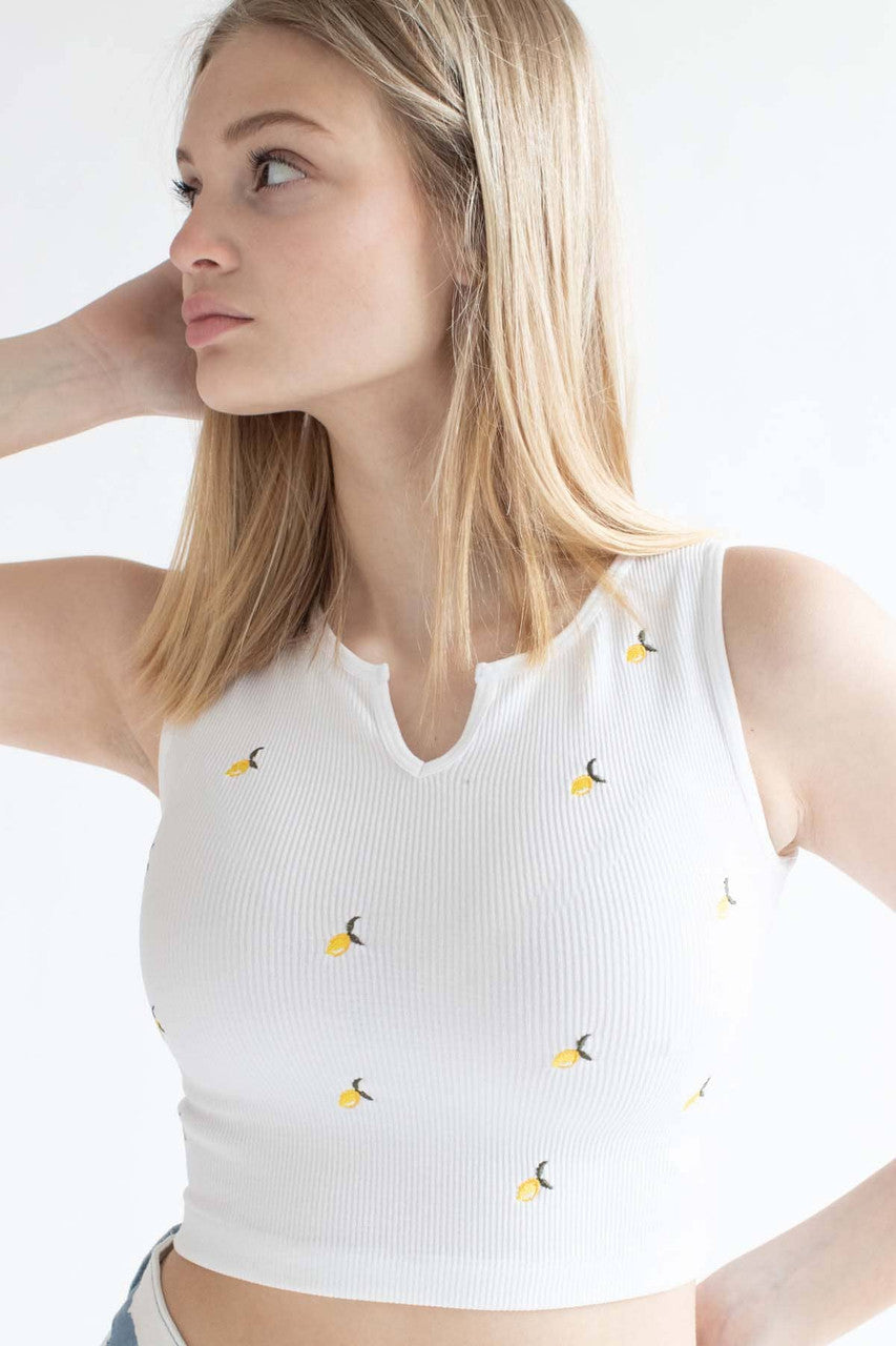White Embroidered Lemons Seamless Notch Tank