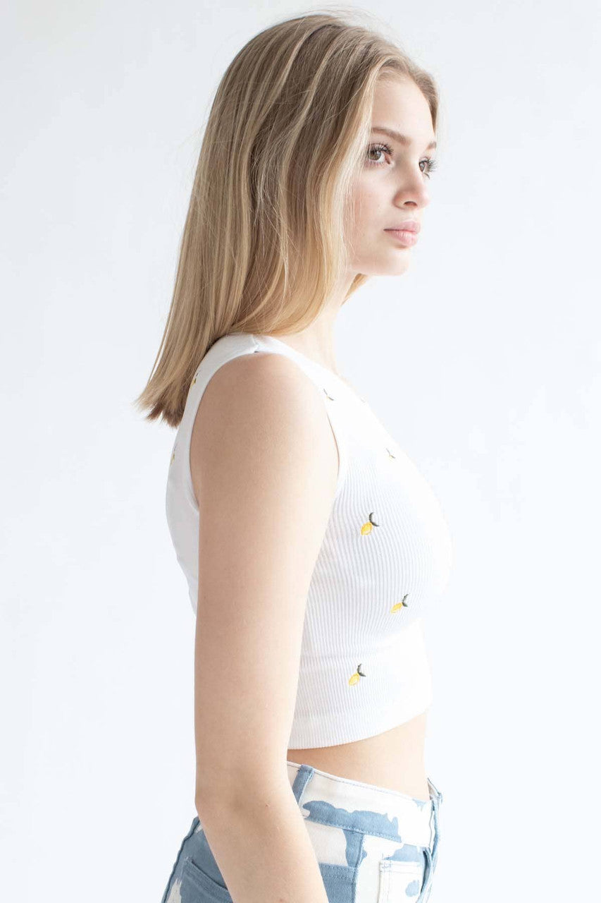 White Embroidered Lemons Seamless Notch Tank