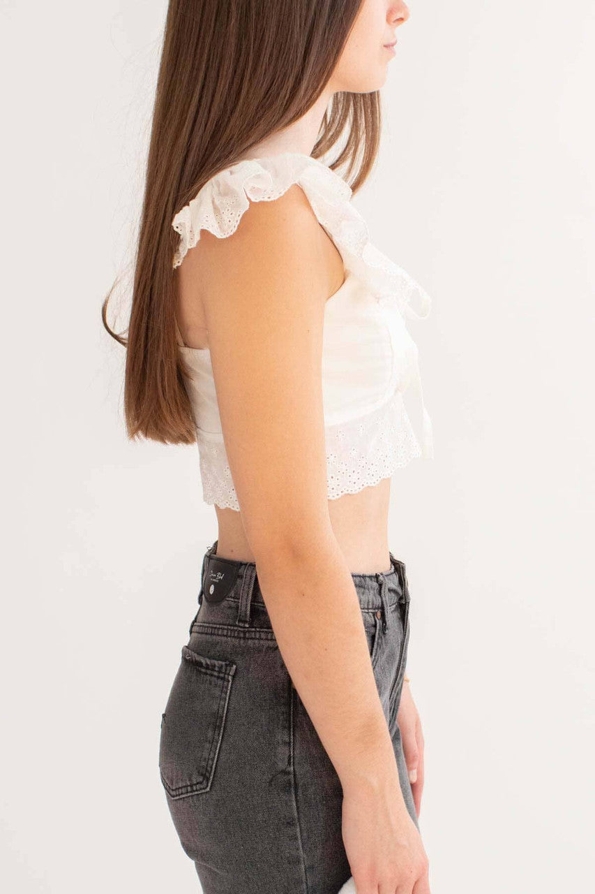 White Eyelet Lace Trimmed Crop Top