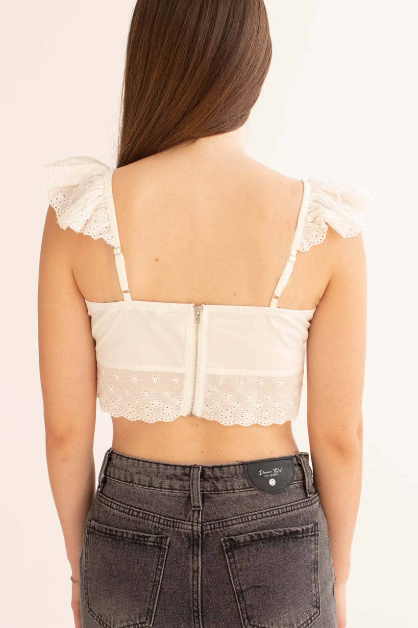 White Eyelet Lace Trimmed Crop Top